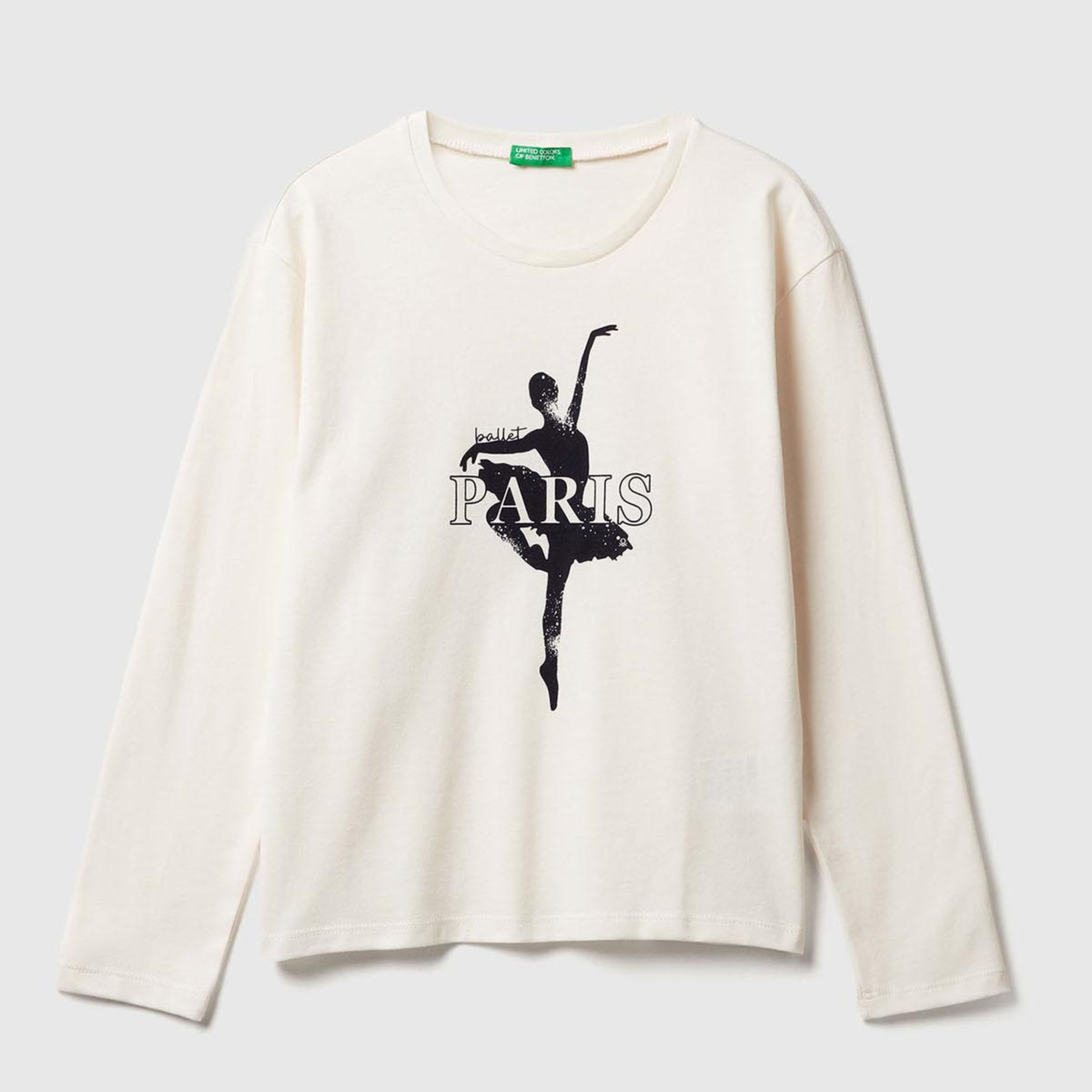 Kız Çocuk Krem Önü Baskılı Ribana Yakalı Relaxed Fit Uzun Kollu T-shirt