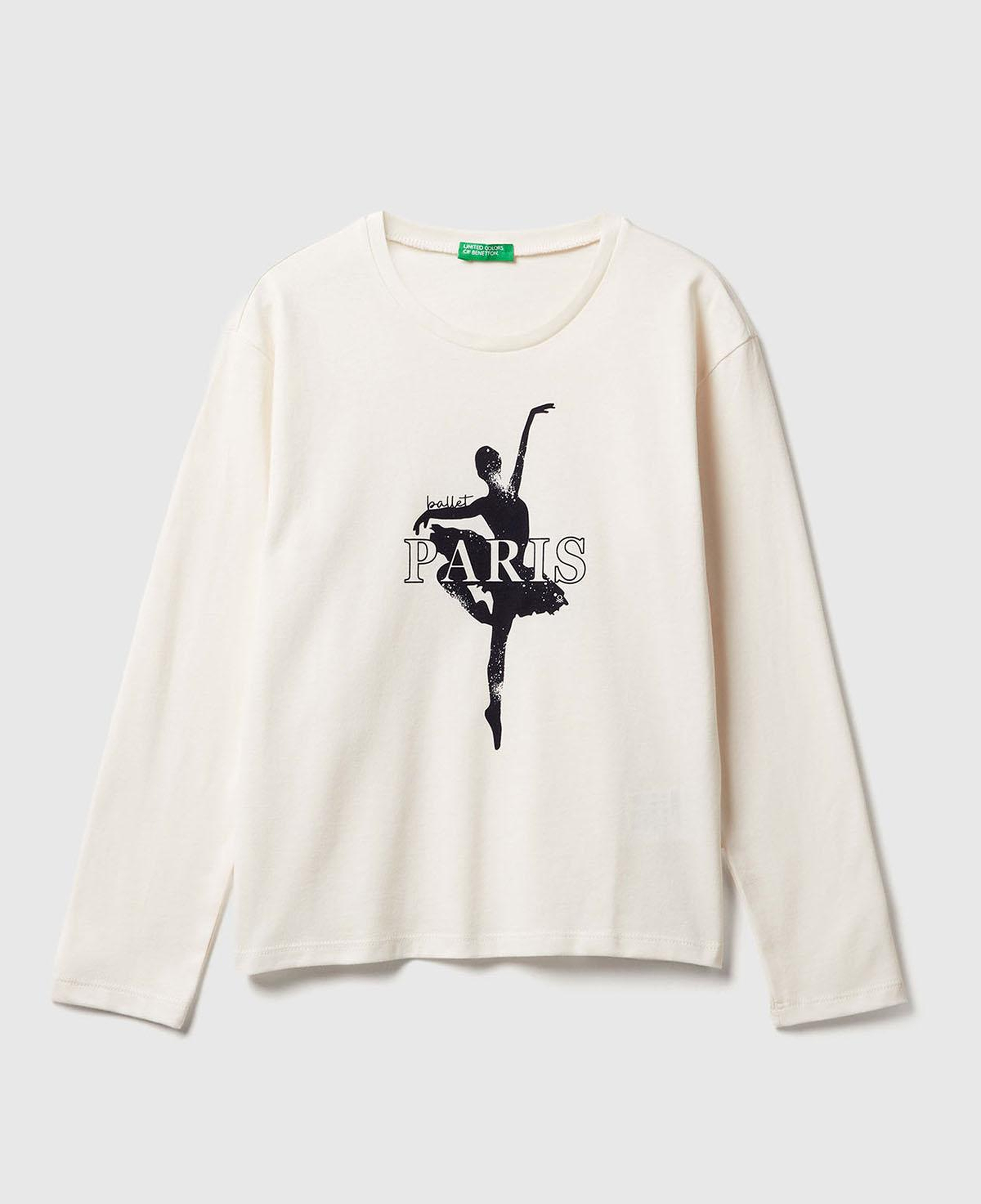 Kız Çocuk Krem Önü Baskılı Ribana Yakalı Relaxed Fit Uzun Kollu T-shirt