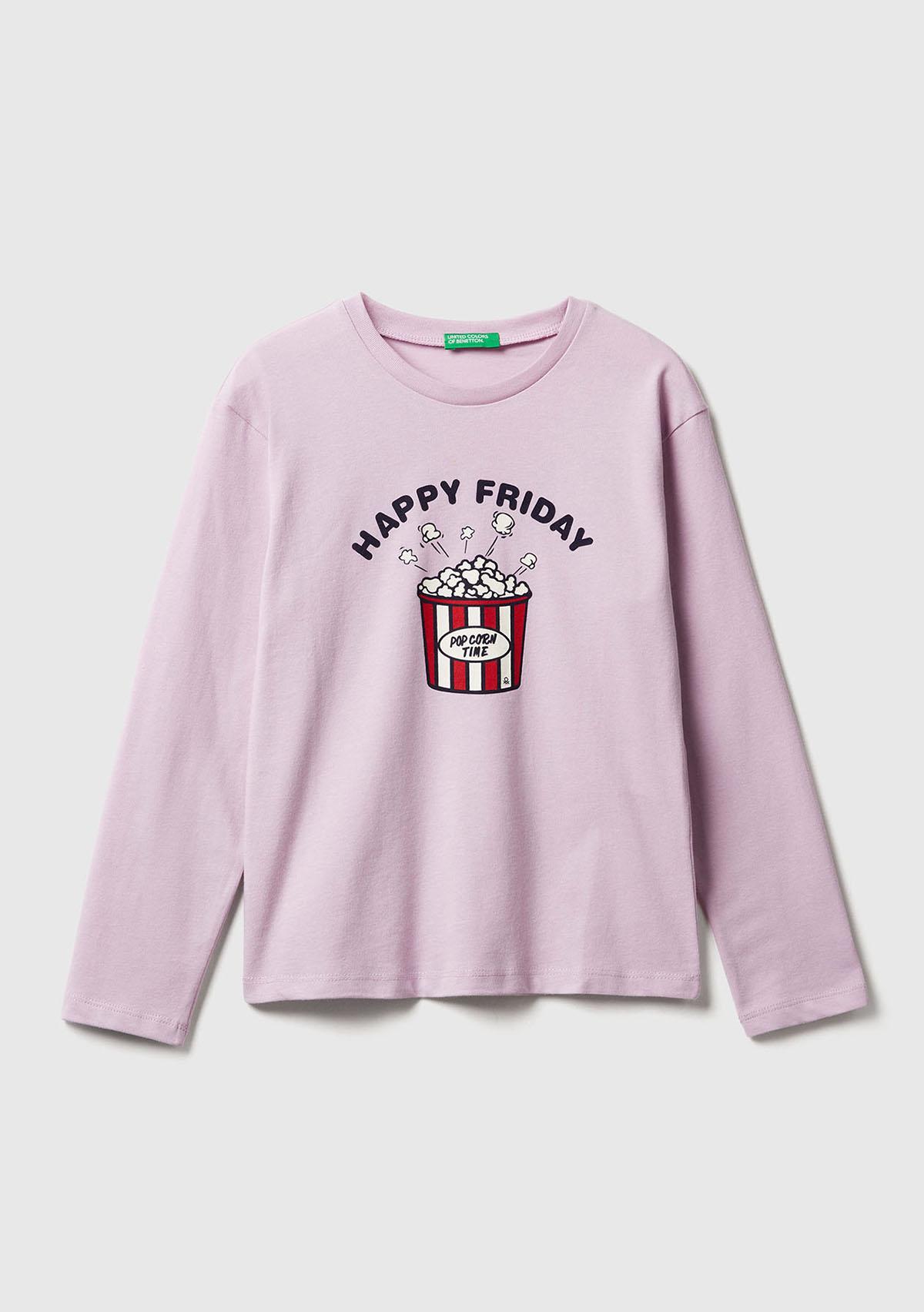 Kız Çocuk Lila Önü Baskılı Ribana Yakalı Relaxed Fit Uzun Kollu T-shirt