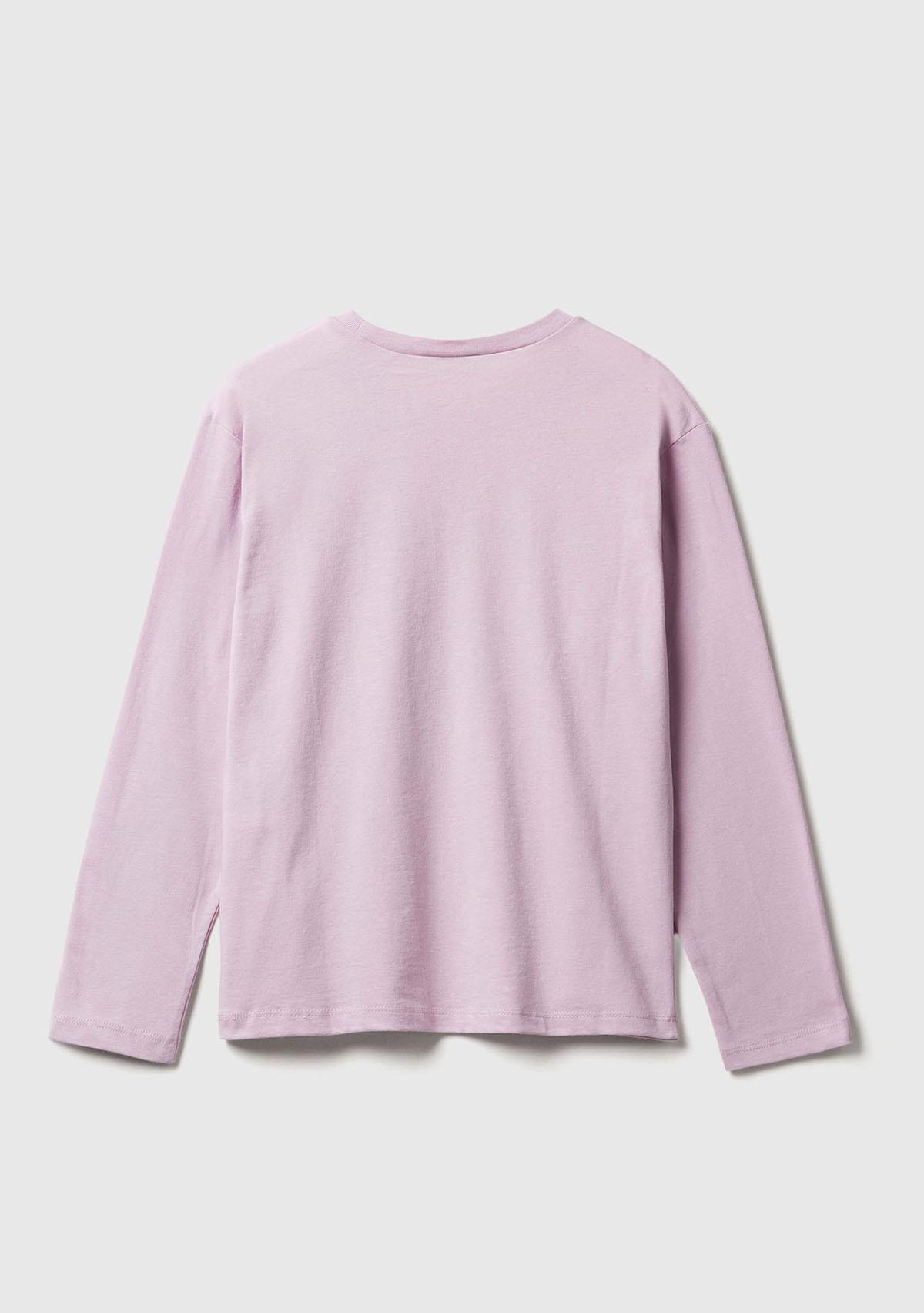 Kız Çocuk Lila Önü Baskılı Ribana Yakalı Relaxed Fit Uzun Kollu T-shirt