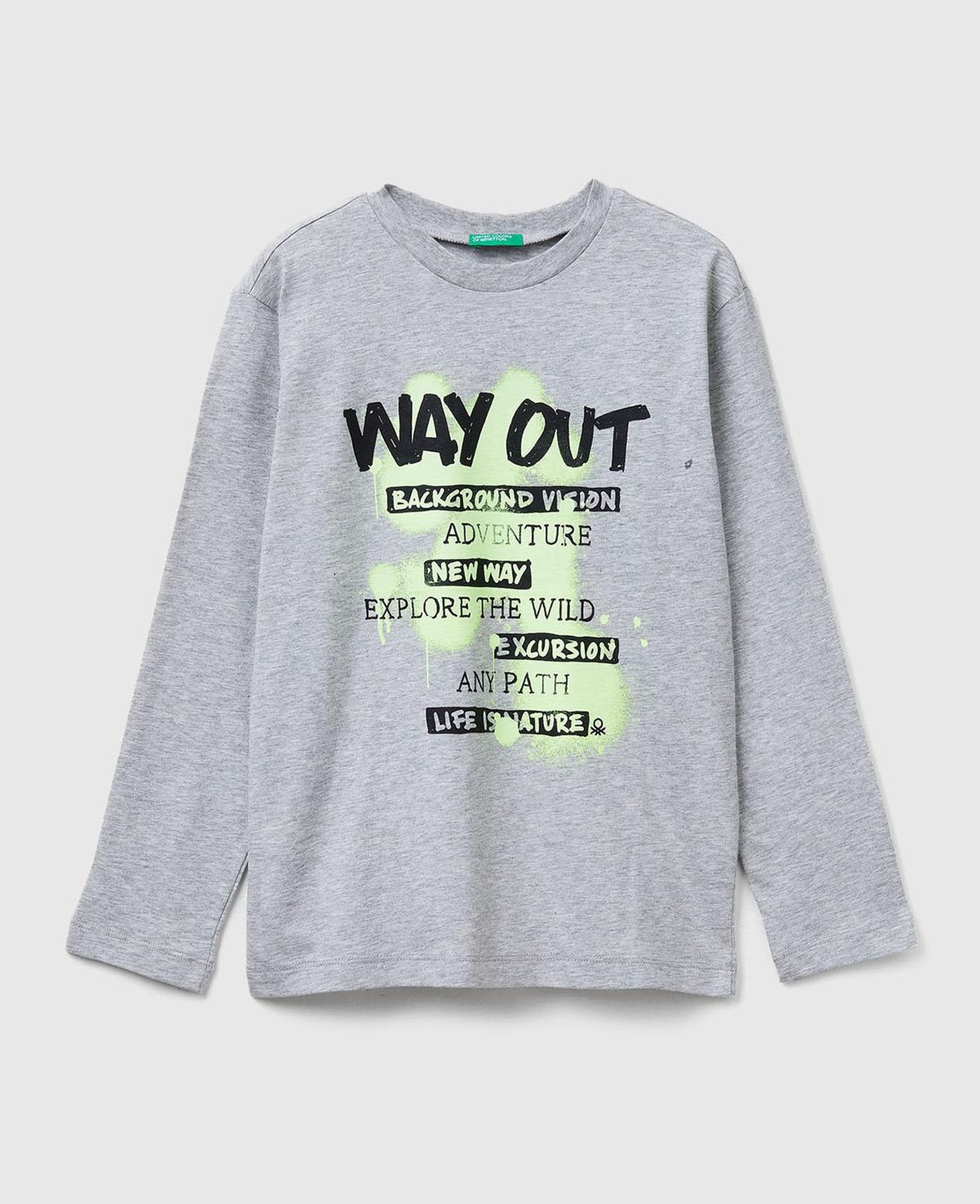 Erkek Çocuk Gri Melanj Önü Baskılı Bisiklet Yaka Uzun Kollu T-shirt