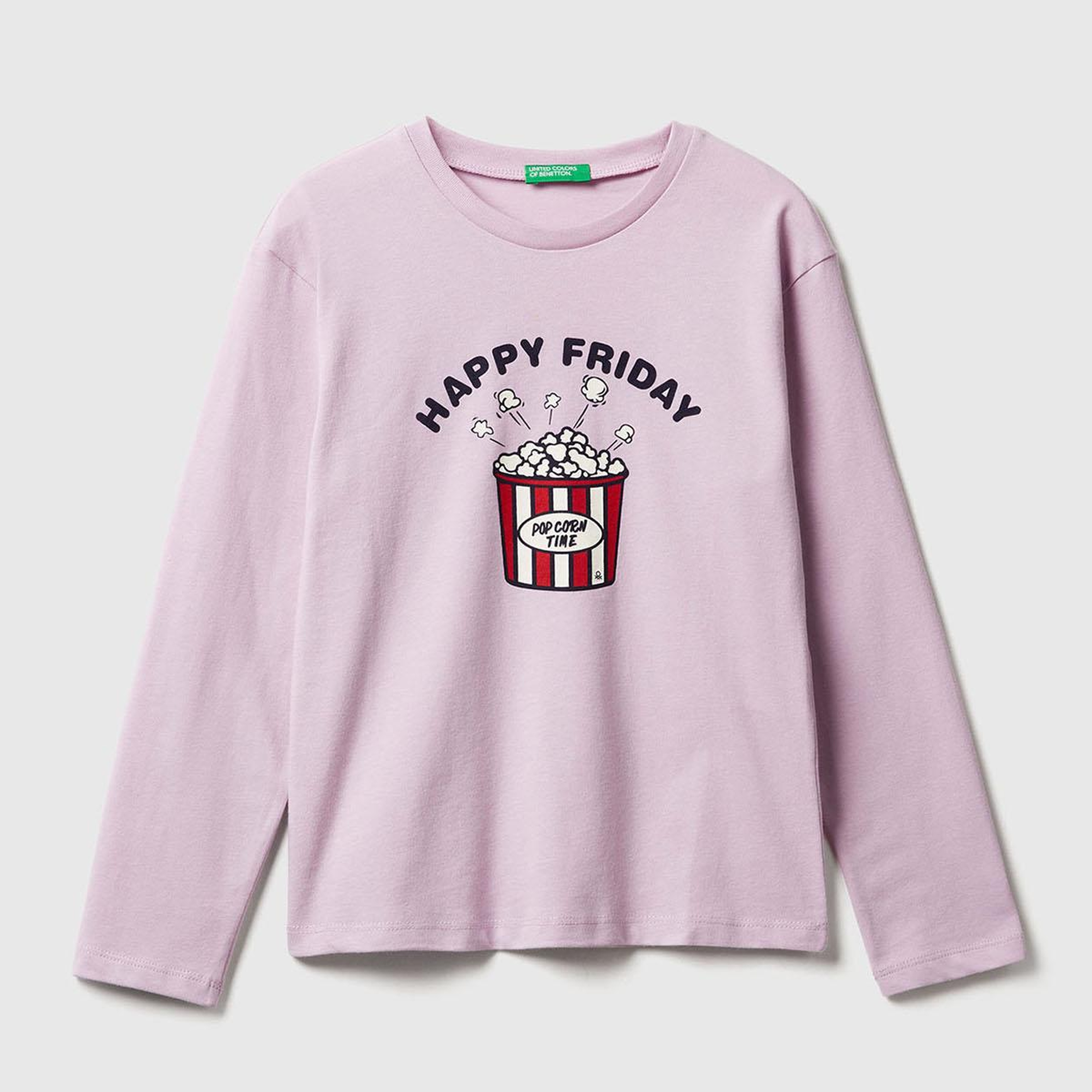 Kız Çocuk Lila Önü Baskılı Ribana Yakalı Relaxed Fit Uzun Kollu T-shirt