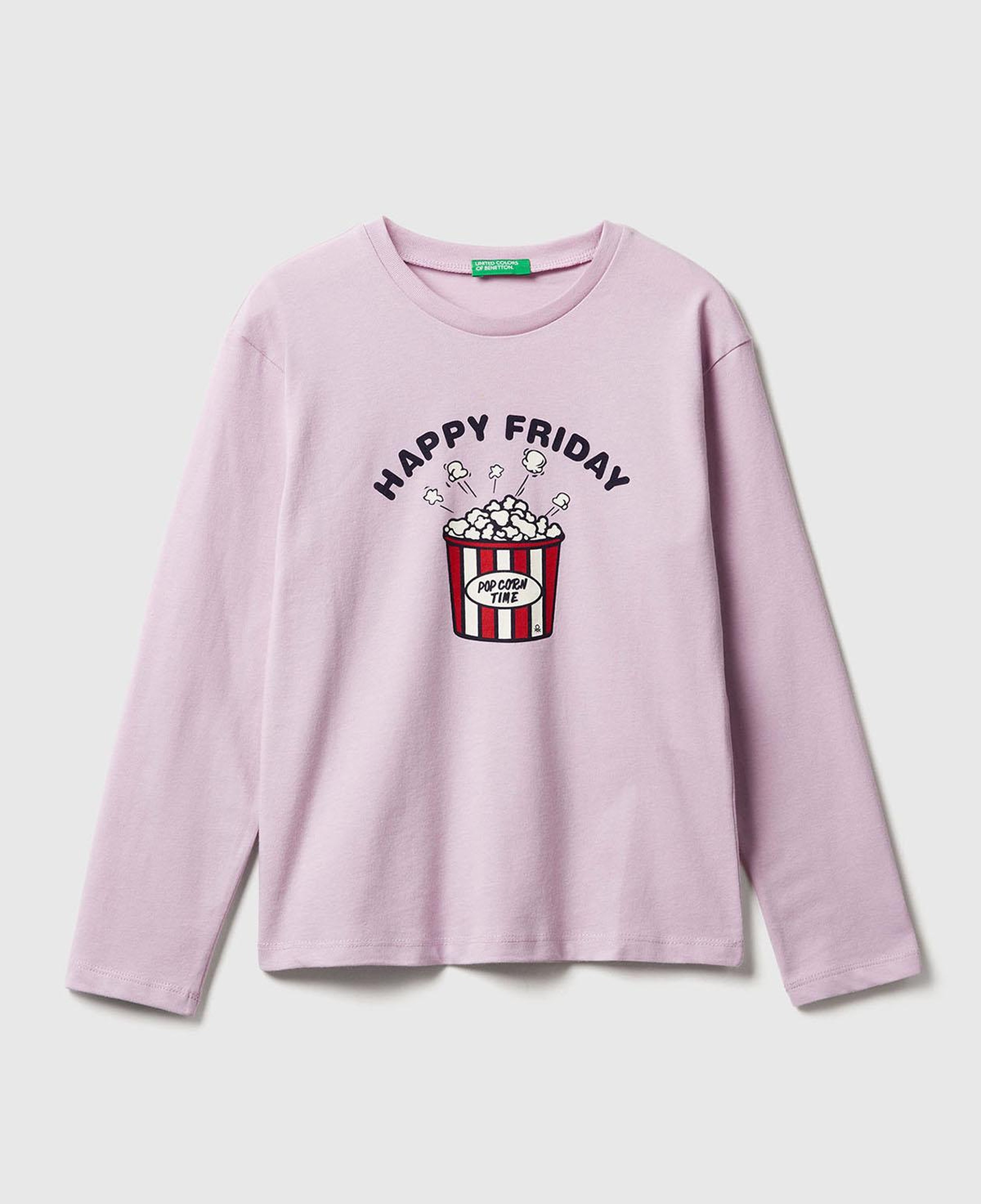 Kız Çocuk Lila Önü Baskılı Ribana Yakalı Relaxed Fit Uzun Kollu T-shirt