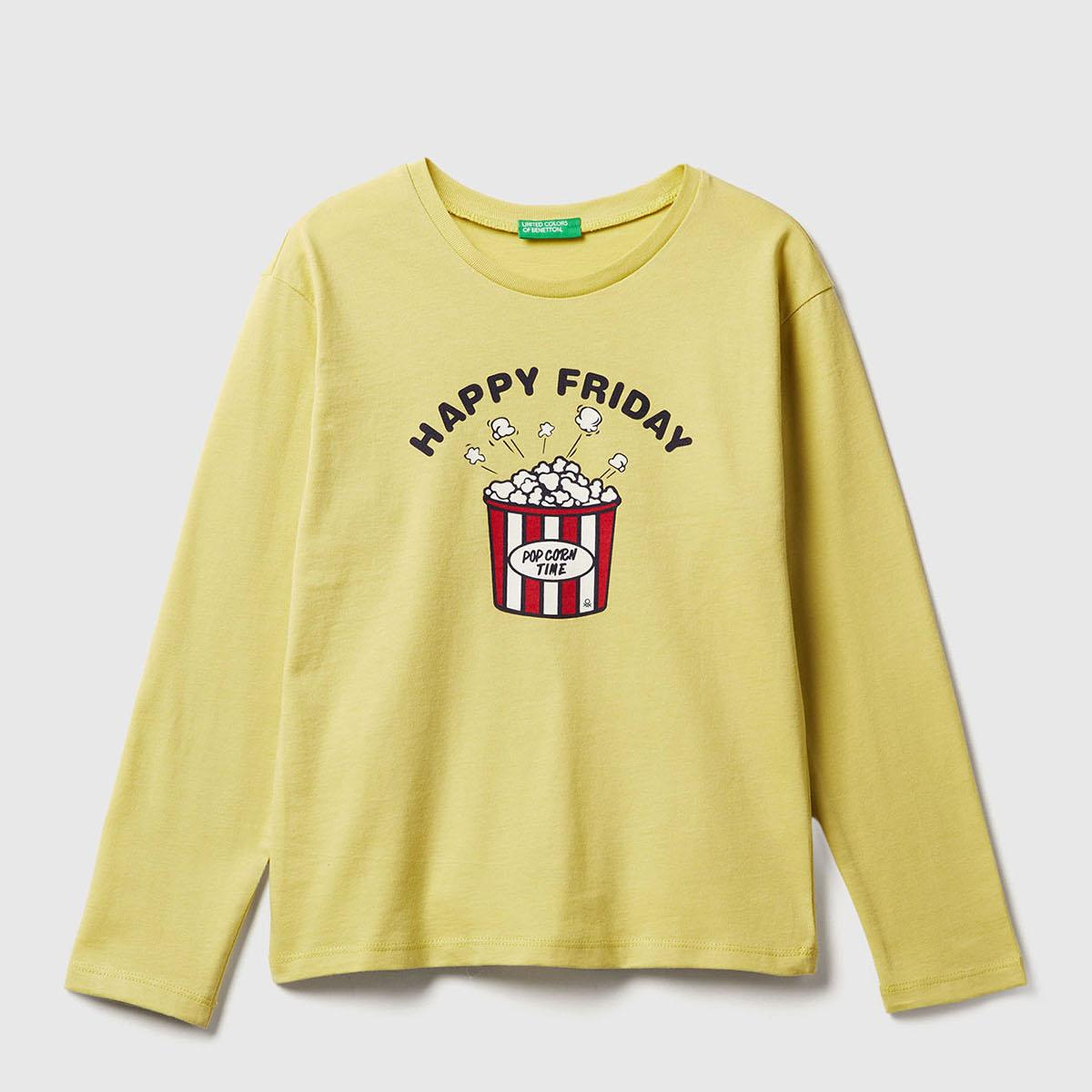 Kız Çocuk Hardal Önü Baskılı Ribana Yakalı Relaxed Fit Uzun Kollu T-shirt