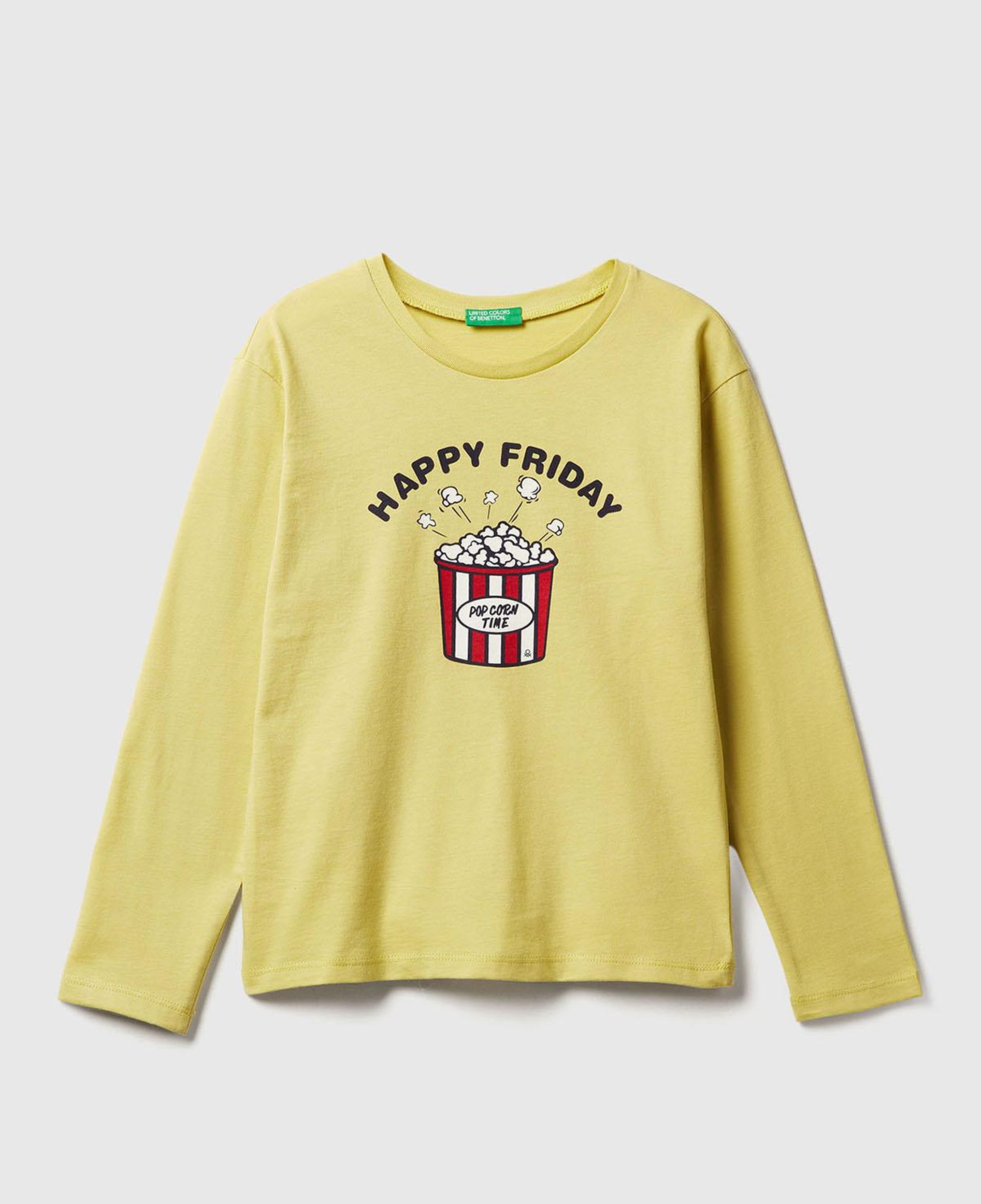 Kız Çocuk Hardal Önü Baskılı Ribana Yakalı Relaxed Fit Uzun Kollu T-shirt