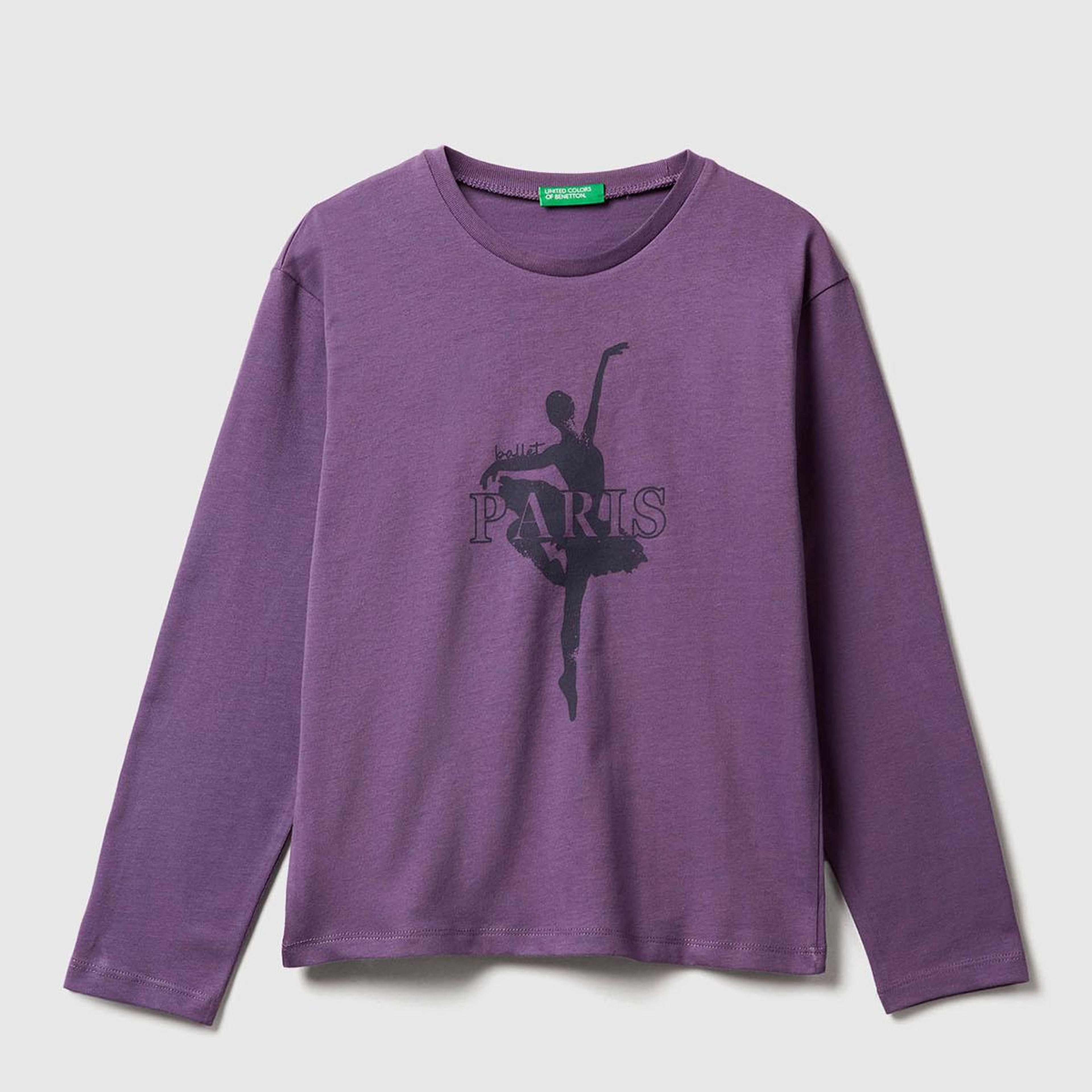 Kız Çocuk Mor Önü Baskılı Ribana Yakalı Relaxed Fit Uzun Kollu T-shirt
