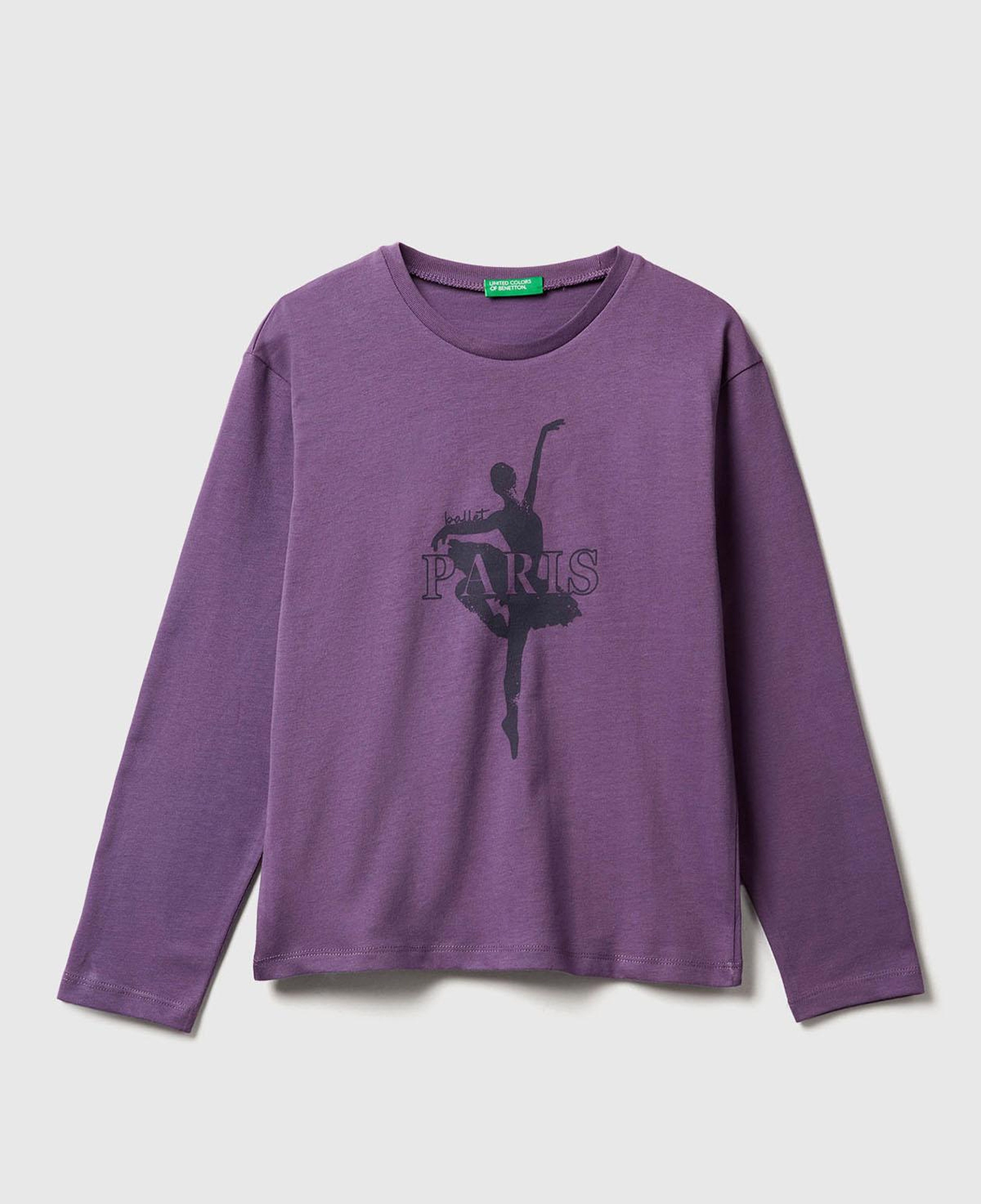Kız Çocuk Mor Önü Baskılı Ribana Yakalı Relaxed Fit Uzun Kollu T-shirt