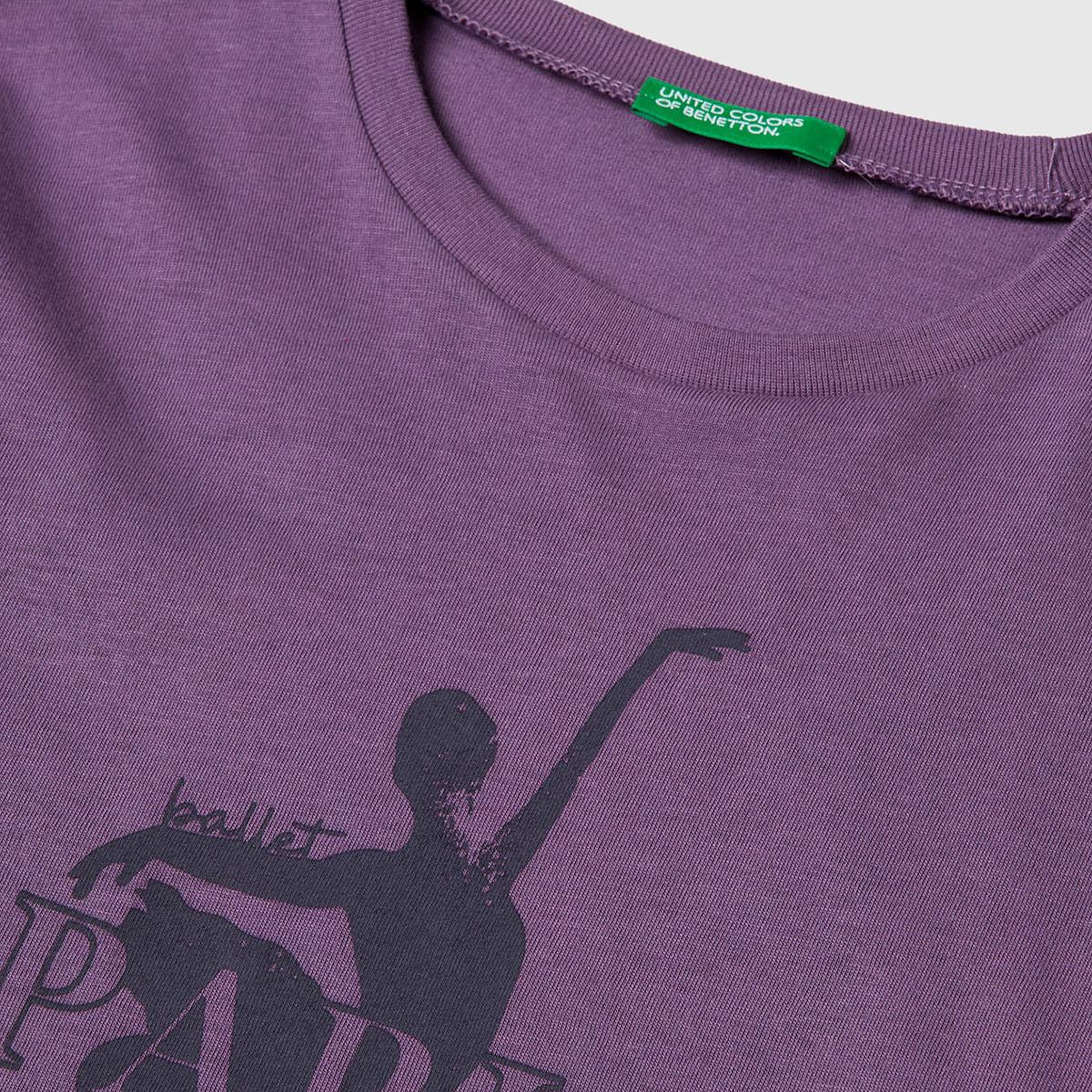 Kız Çocuk Mor Önü Baskılı Ribana Yakalı Relaxed Fit Uzun Kollu T-shirt