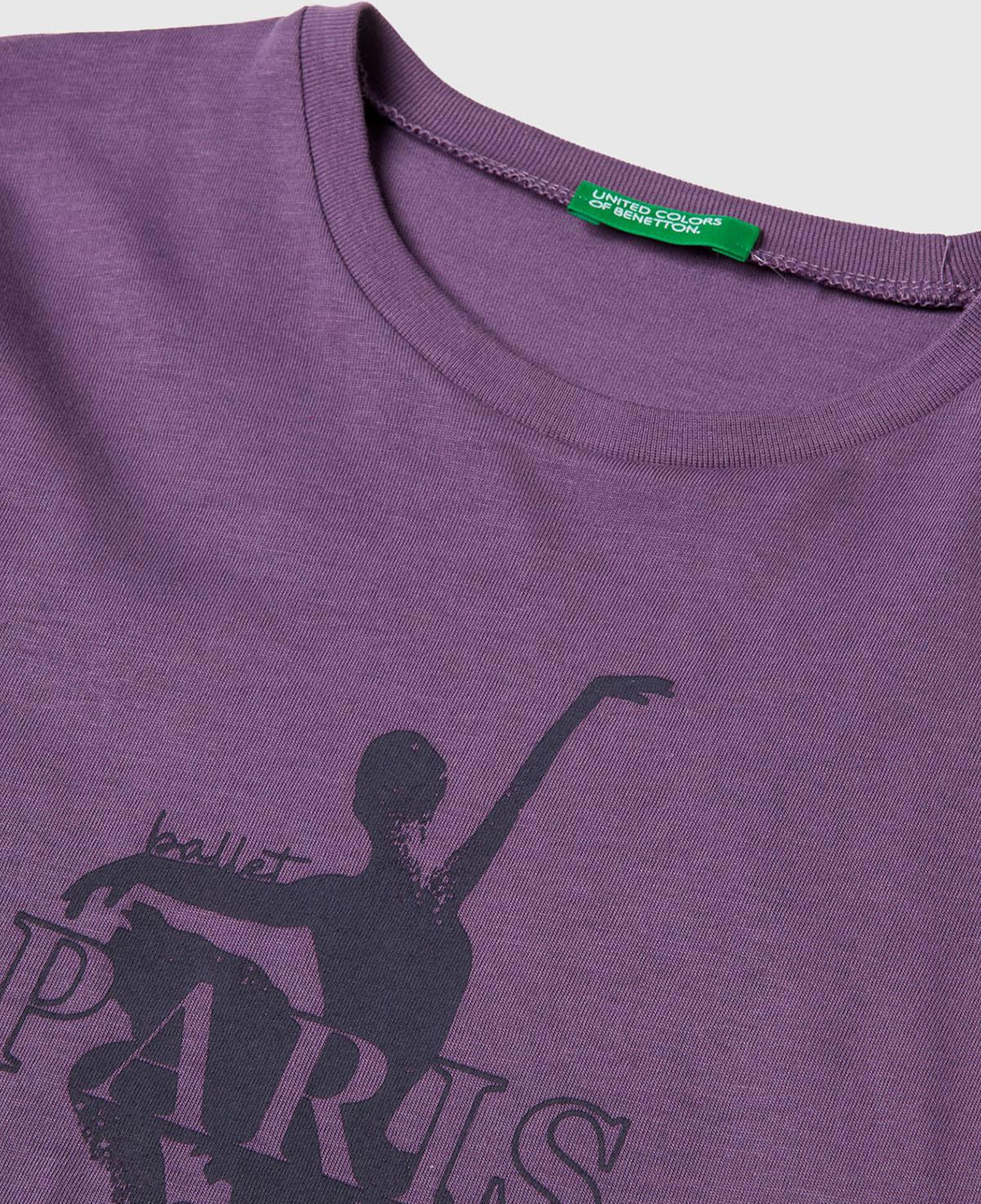 Kız Çocuk Mor Önü Baskılı Ribana Yakalı Relaxed Fit Uzun Kollu T-shirt