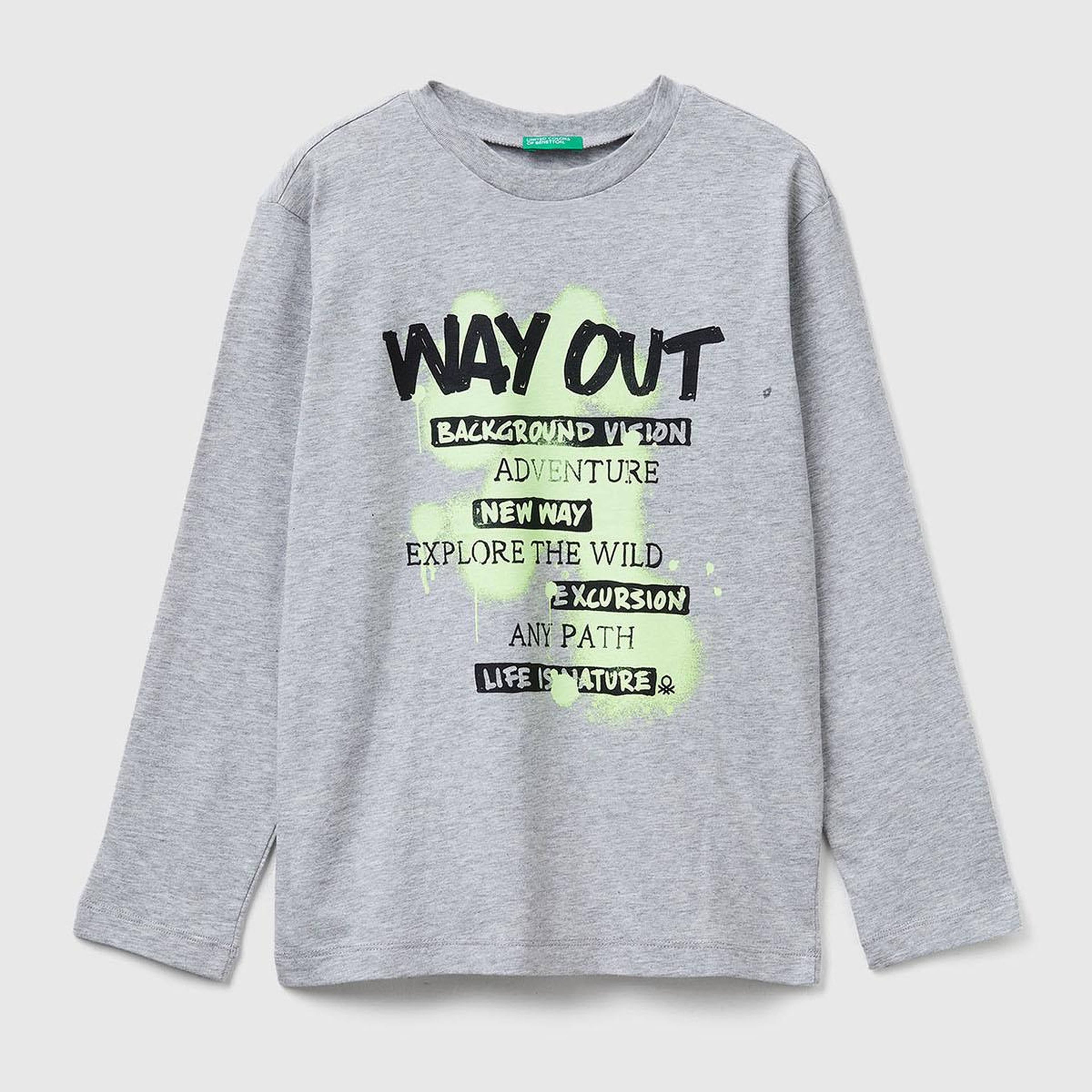 Erkek Çocuk Gri Melanj Önü Baskılı Bisiklet Yaka Uzun Kollu T-shirt