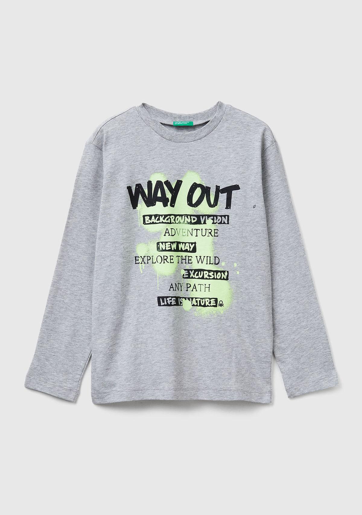 Erkek Çocuk Gri Melanj Önü Baskılı Bisiklet Yaka Uzun Kollu T-shirt