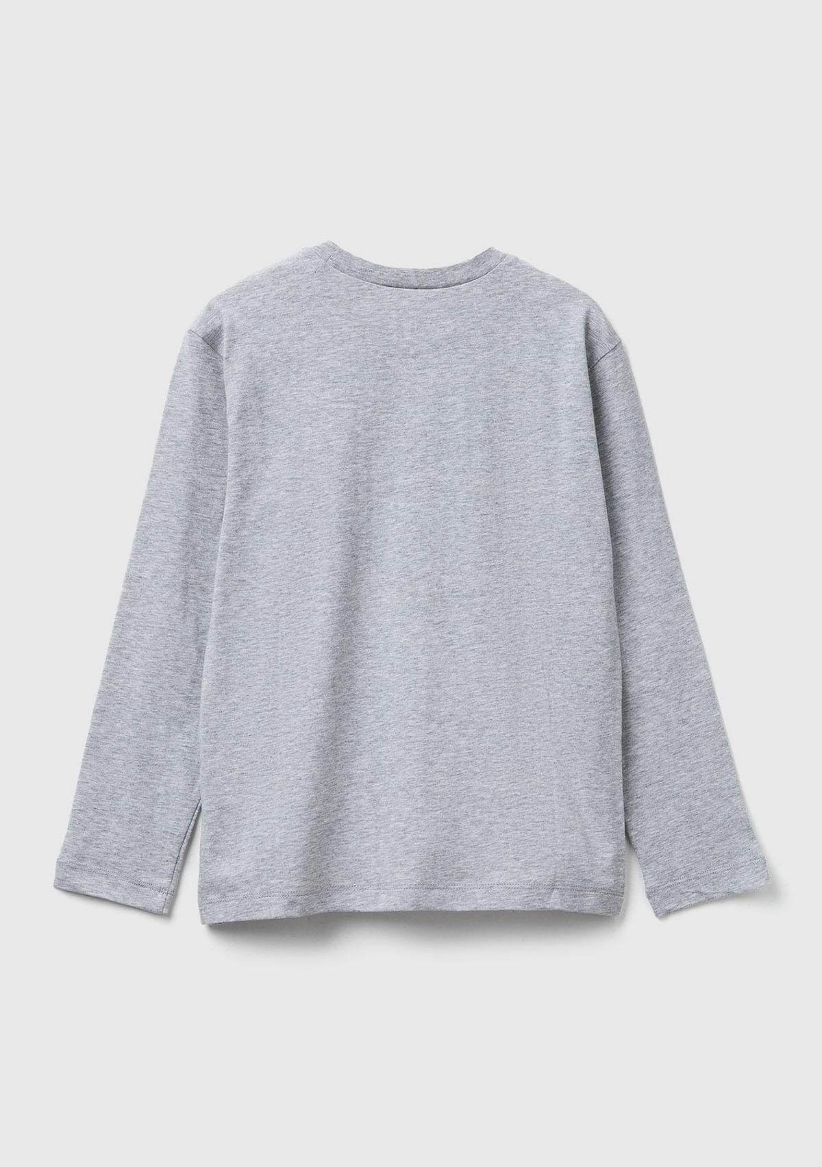 Erkek Çocuk Gri Melanj Önü Baskılı Bisiklet Yaka Uzun Kollu T-shirt
