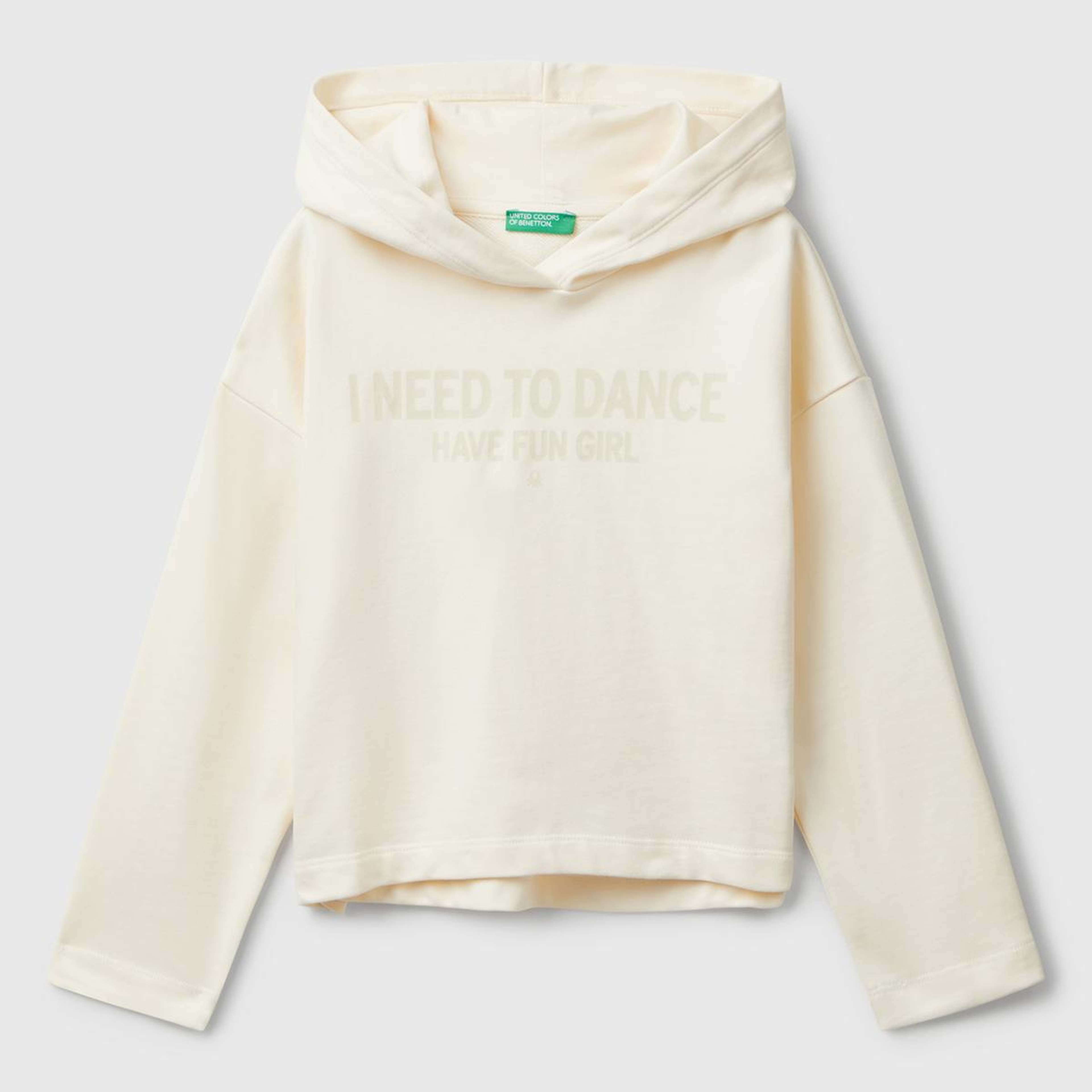 Kız Çocuk Ekru Önü Yazı Baskılı Arkası Uzun Kapüşonlu Sweatshirt