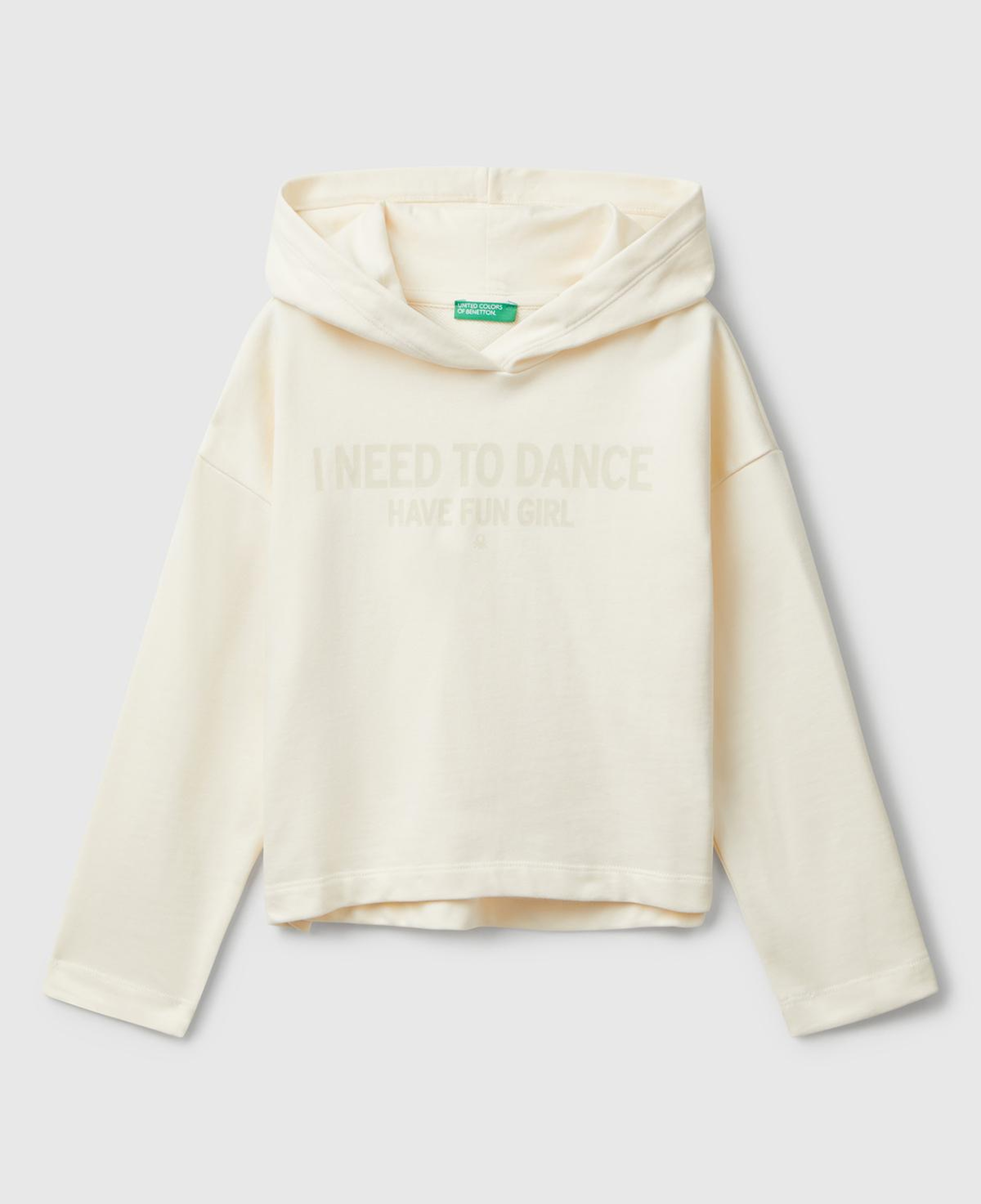Kız Çocuk Ekru Önü Yazı Baskılı Arkası Uzun Kapüşonlu Sweatshirt