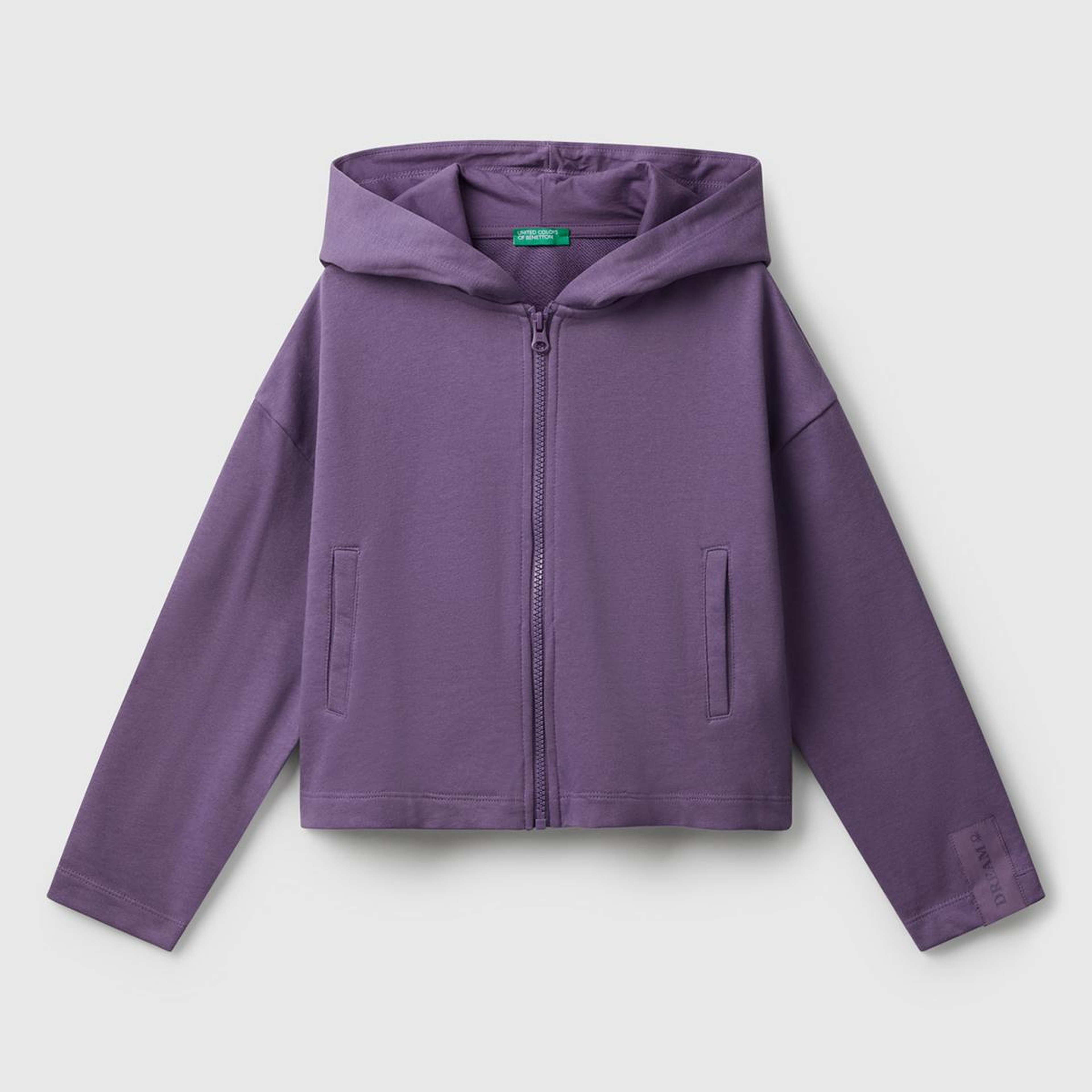 Kız Çocuk Mor Kolu Etiket Detaylı Cepli Fermuarlı Kapüşonlu Sweatshirt