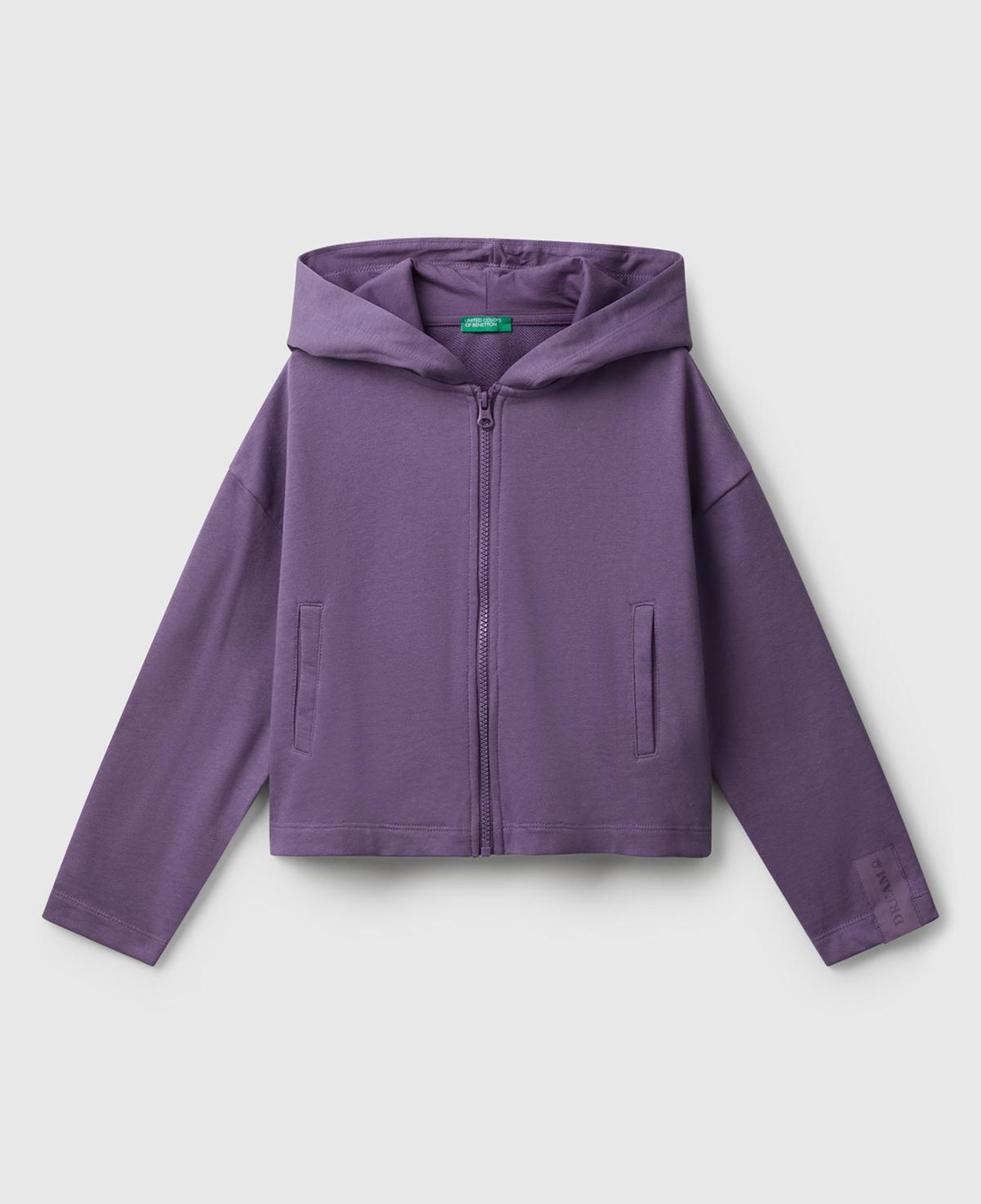 Kız Çocuk Mor Kolu Etiket Detaylı Cepli Fermuarlı Kapüşonlu Sweatshirt
