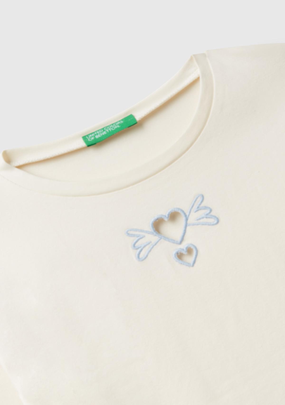 Kız Çocuk Ekru Önü Baskılı Logo Etiketli Uzun Kollu T-shirt