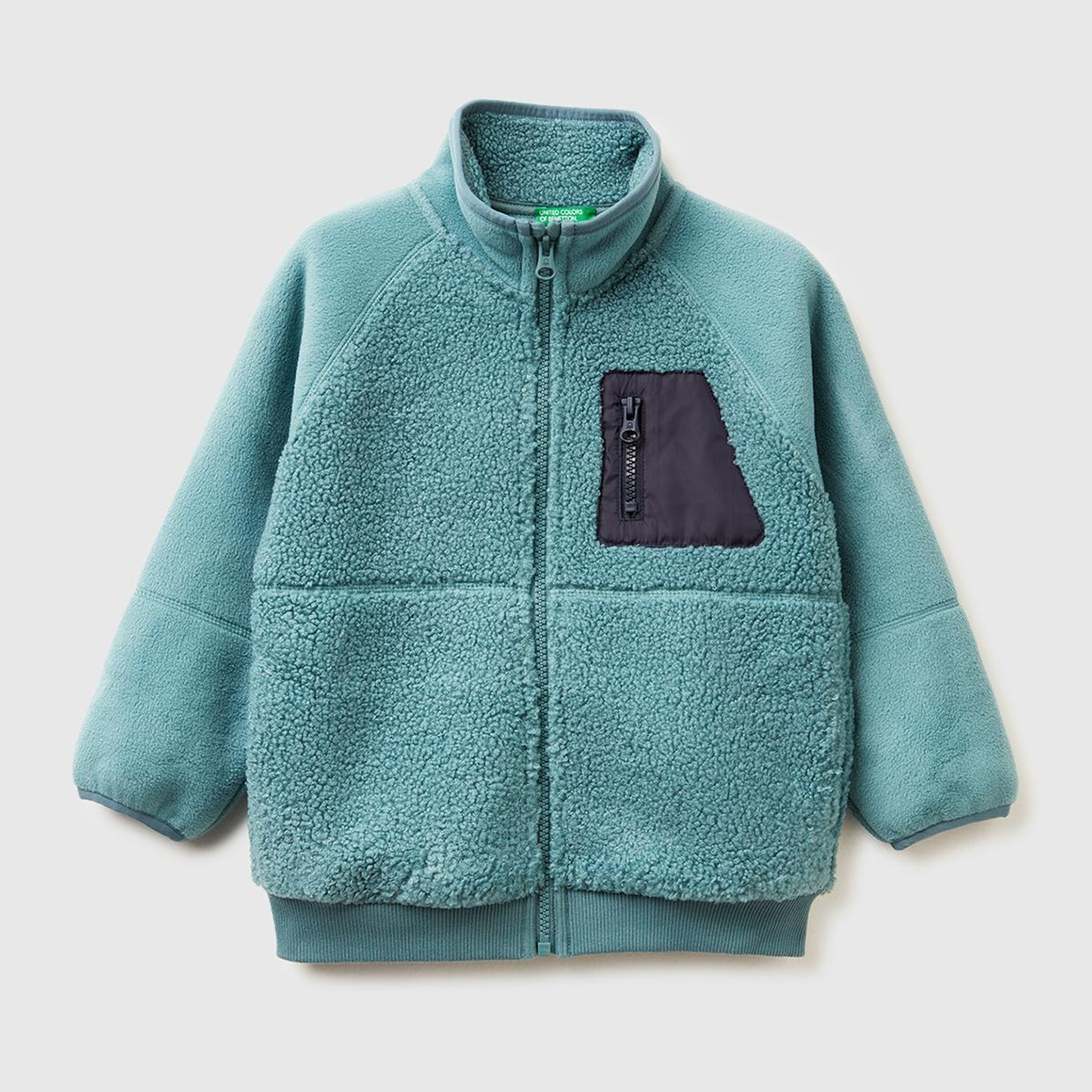 Erkek Çocuk Gri-Yeşil Çift Taraflı Fermuarlı Cep Detaylı Dik Yaka Peluş Şardonlu Sweatshirt
