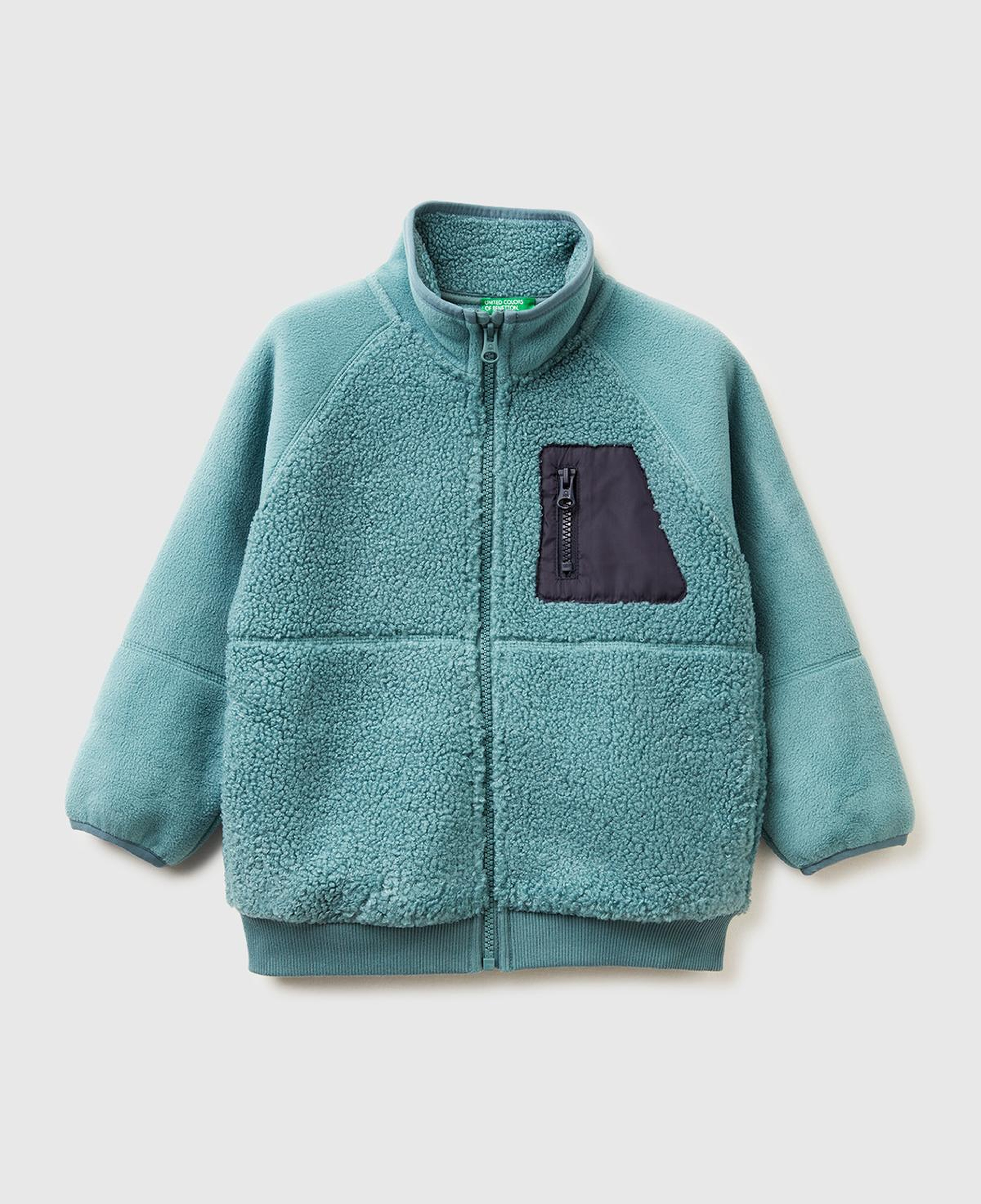 Erkek Çocuk Gri-Yeşil Çift Taraflı Fermuarlı Cep Detaylı Dik Yaka Peluş Şardonlu Sweatshirt