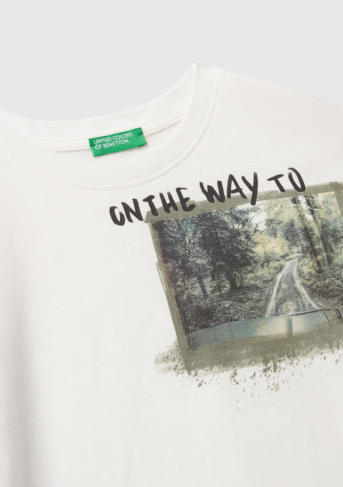 Erkek Çocuk Ekru Önü ve Arkası Baskılı Bisiklet Yaka Uzun Kollu T-shirt