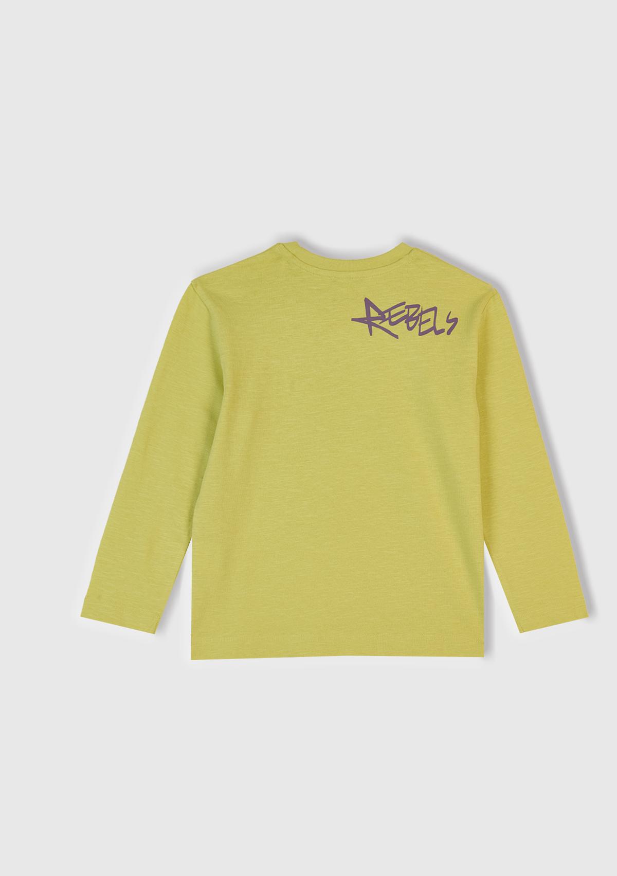 Erkek Çocuk Hardal Önü ve Arkası Baskılı Bisiklet Yaka Uzun Kollu T-shirt