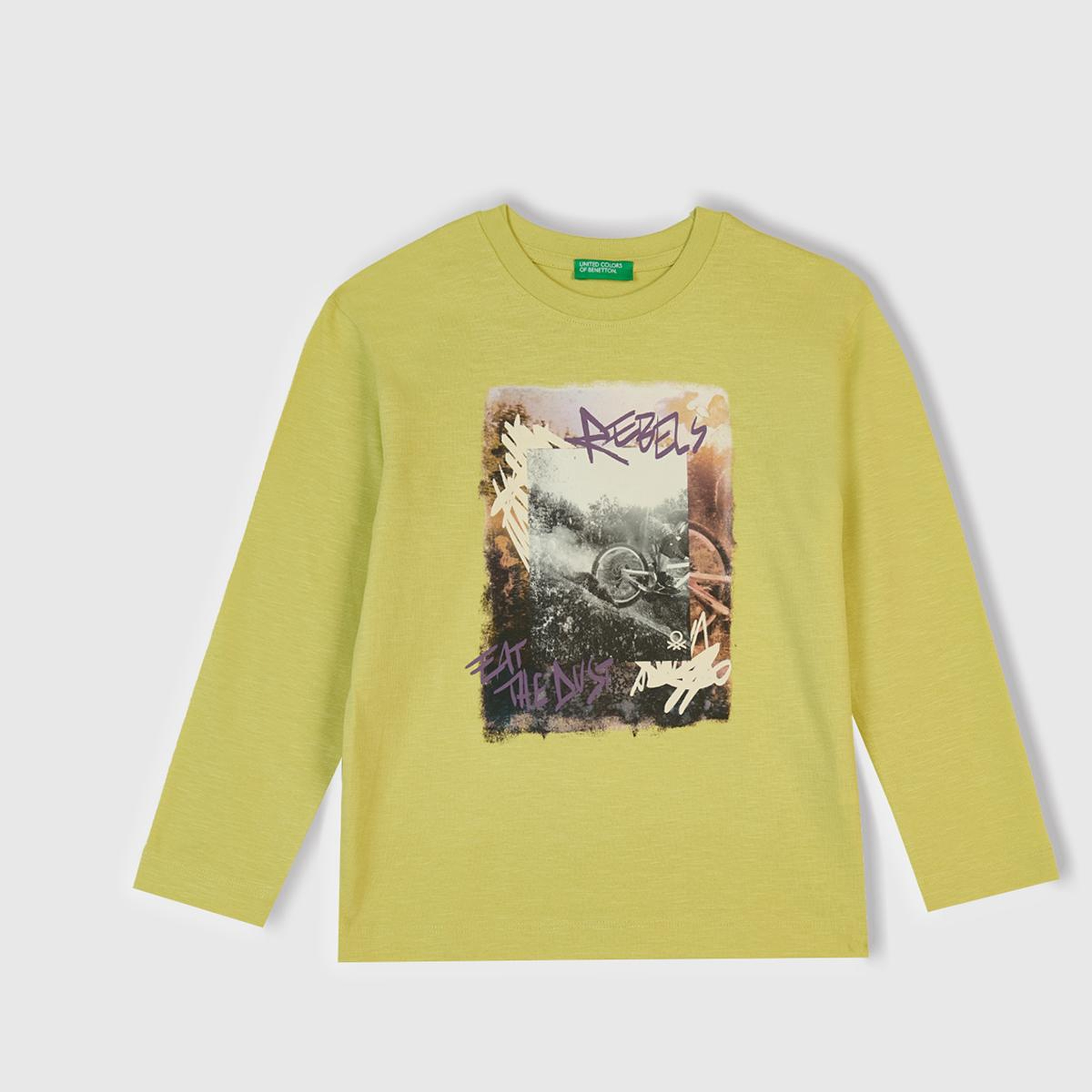Erkek Çocuk Hardal Önü ve Arkası Baskılı Bisiklet Yaka Uzun Kollu T-shirt