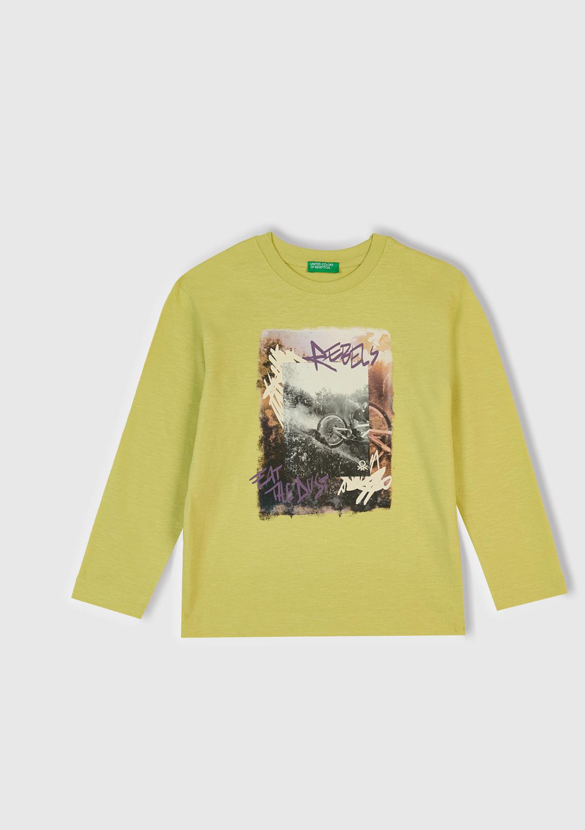 Erkek Çocuk Hardal Önü ve Arkası Baskılı Bisiklet Yaka Uzun Kollu T-shirt