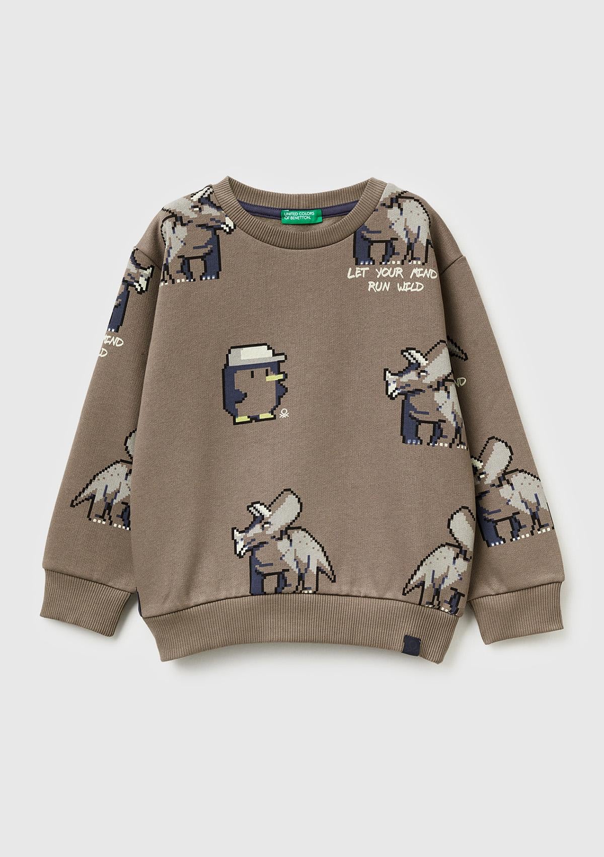 Erkek Çocuk Kahverengi Baskılı Ribanalı Bisiklet Yaka Regular Fit Şardonlu Sweatshirt