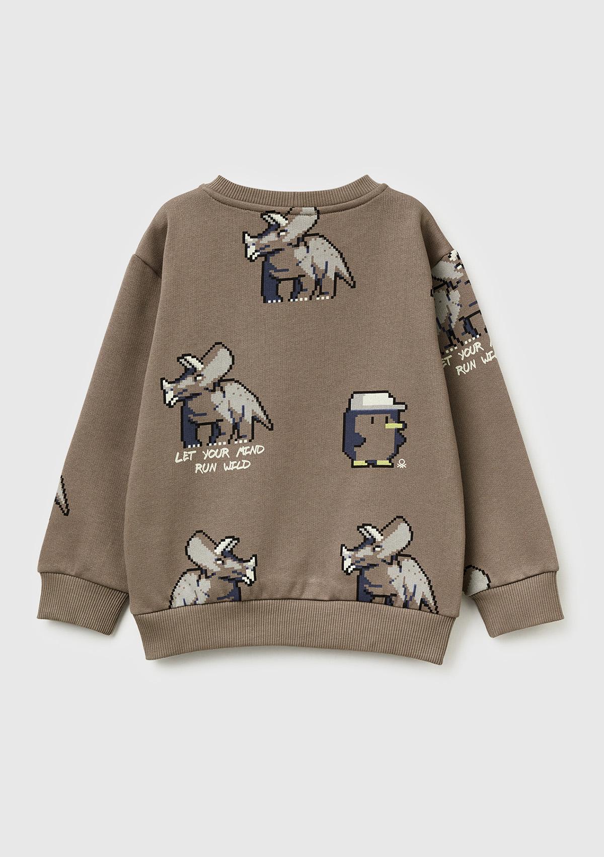 Erkek Çocuk Kahverengi Baskılı Ribanalı Bisiklet Yaka Regular Fit Şardonlu Sweatshirt