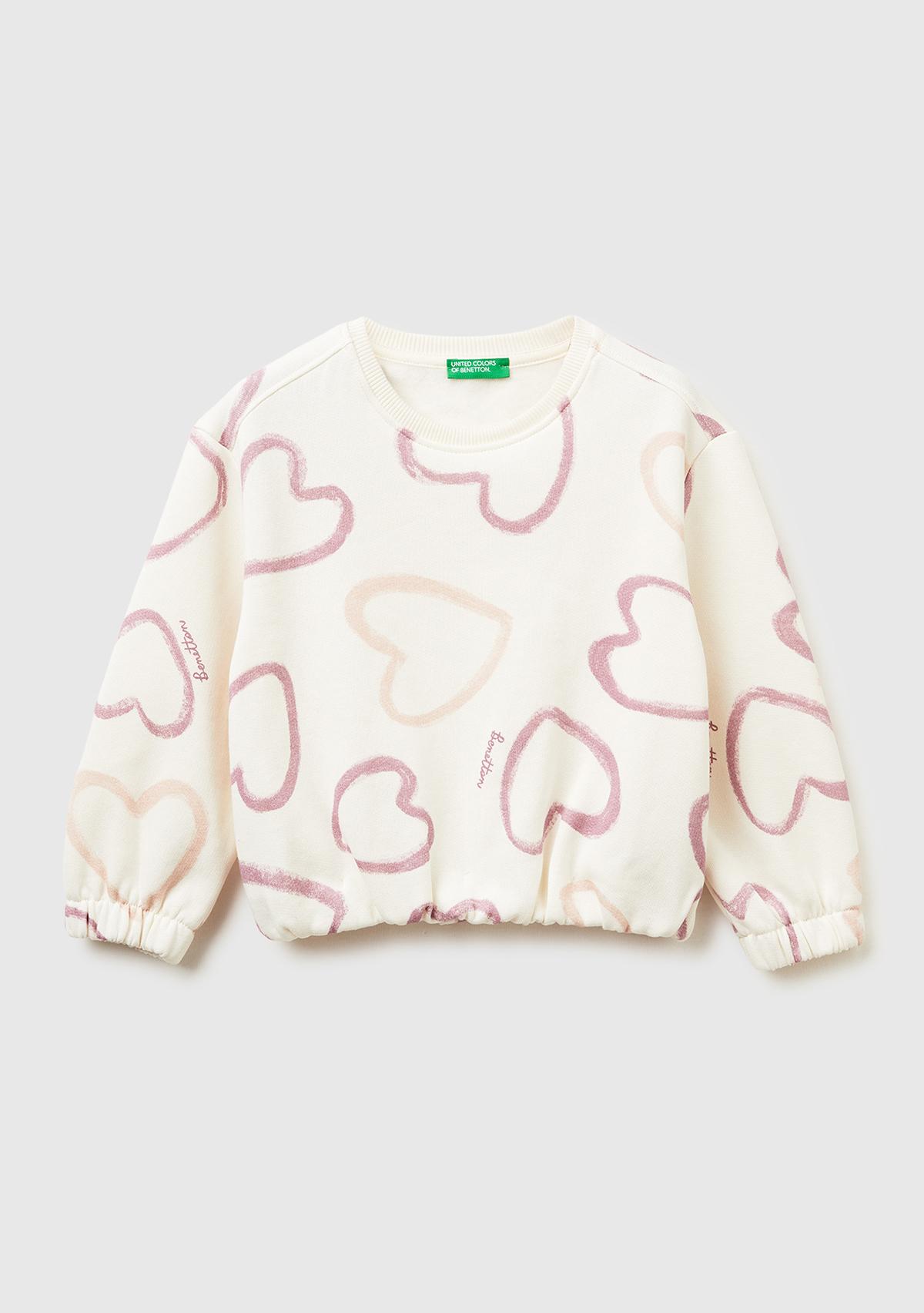 Kız Çocuk Ekru Mix Tamamı Baskılı Ribanalı Şardonlu Sweatshirt