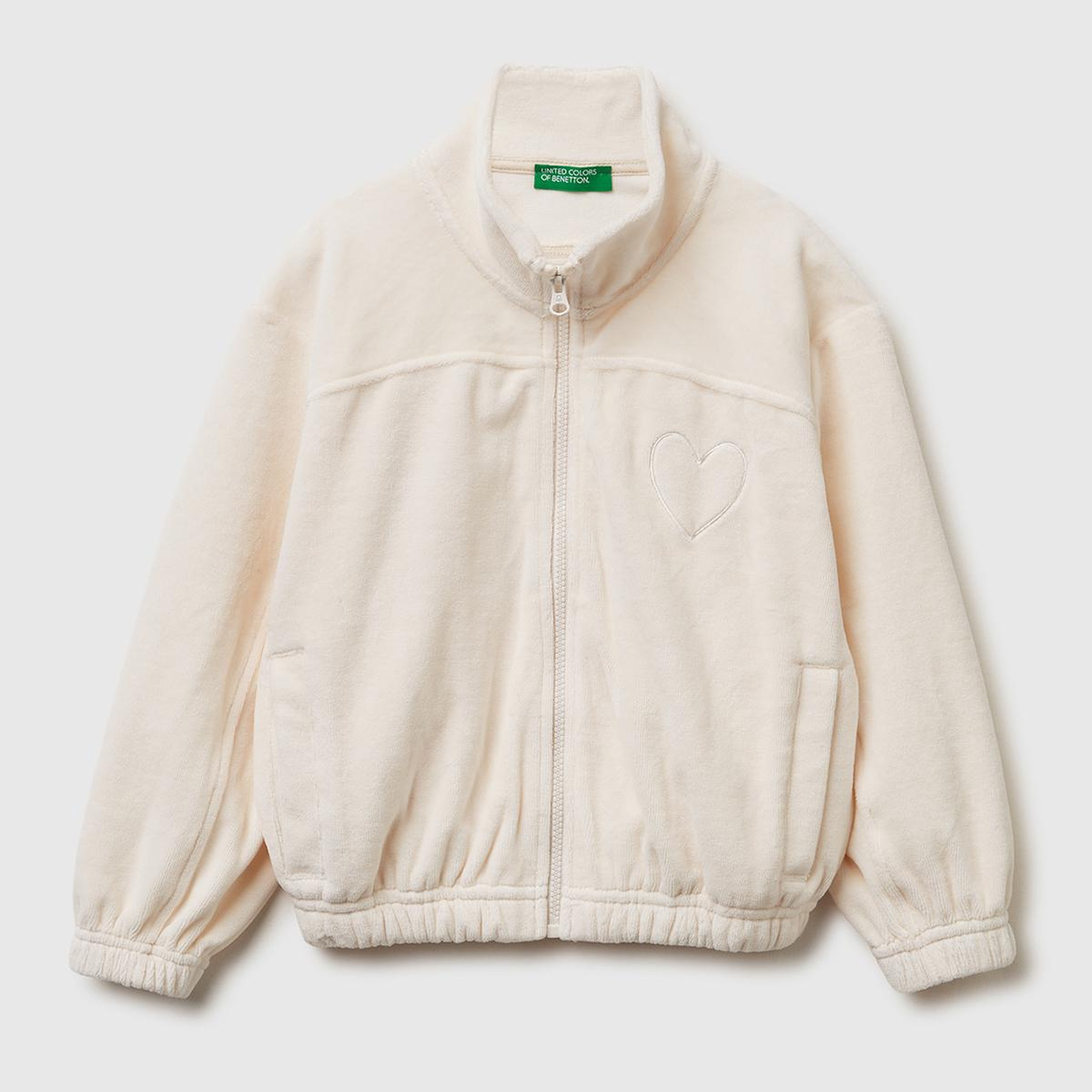 Kız Çocuk Ekru Göğüs Baskılı Logo Etiketli Fermuarlı Yan Cepli Şardonlu Sweatshirt