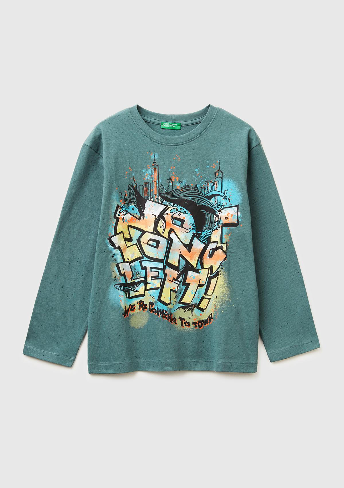 Erkek Çocuk Koyu Yeşil Önü ve Arkası Baskılı Uzun Kollu T-shirt