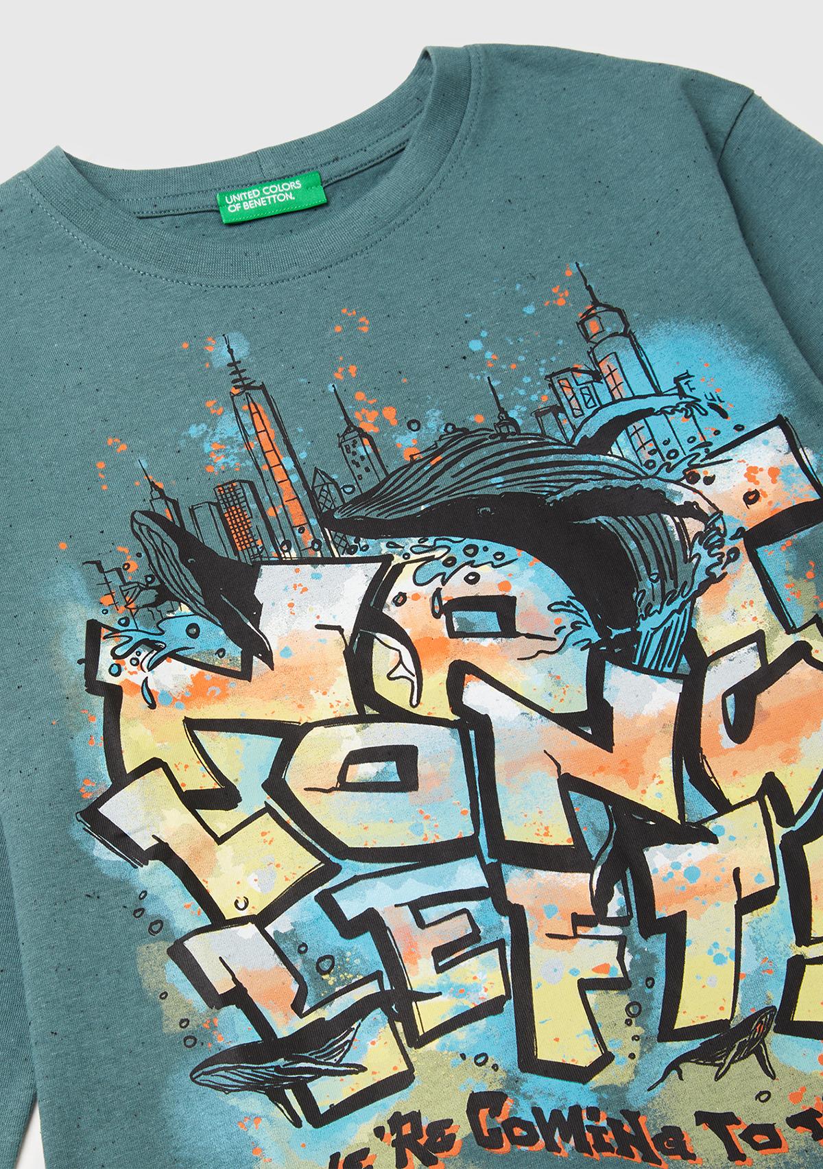 Erkek Çocuk Koyu Yeşil Önü ve Arkası Baskılı Uzun Kollu T-shirt