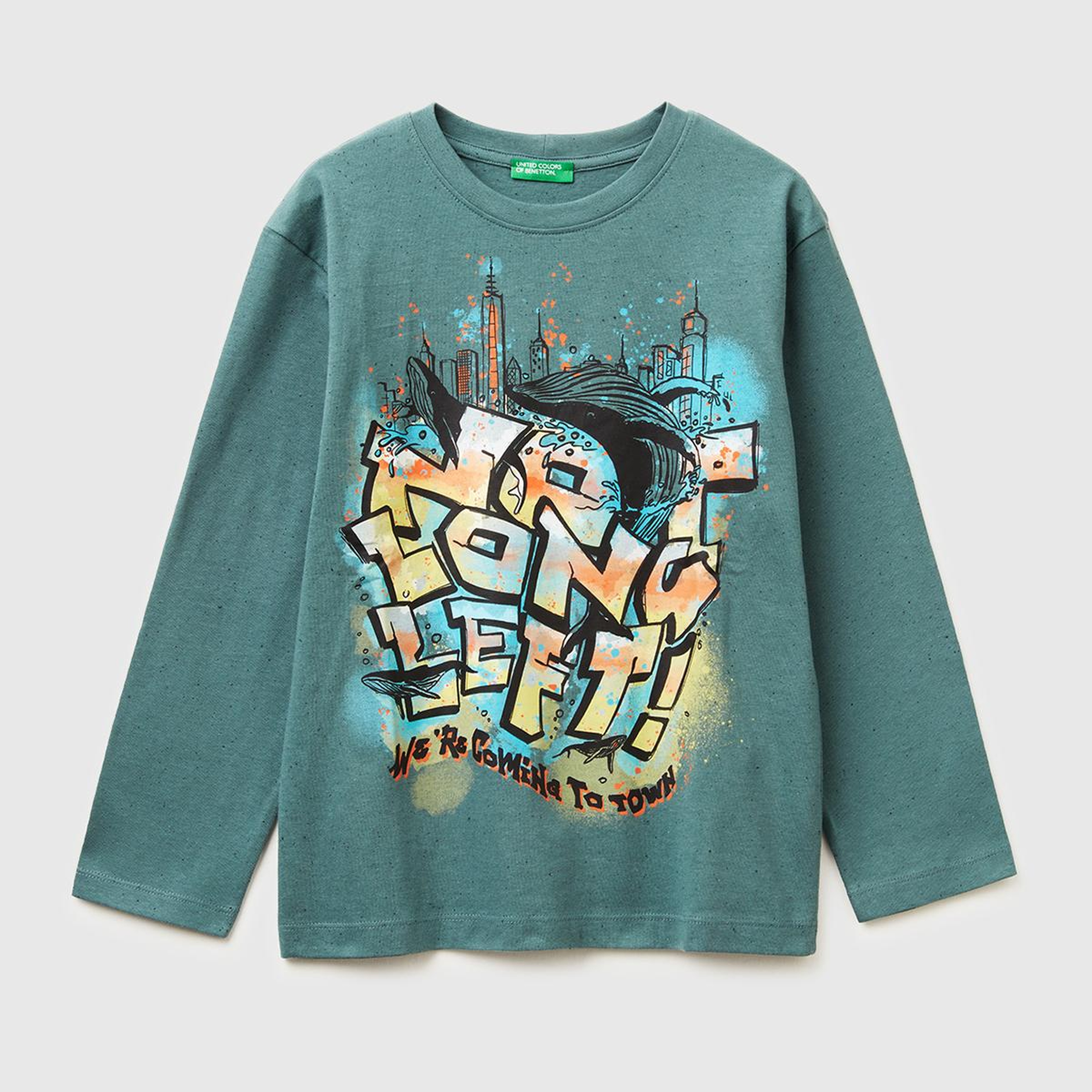 Erkek Çocuk Koyu Yeşil Önü ve Arkası Baskılı Uzun Kollu T-shirt