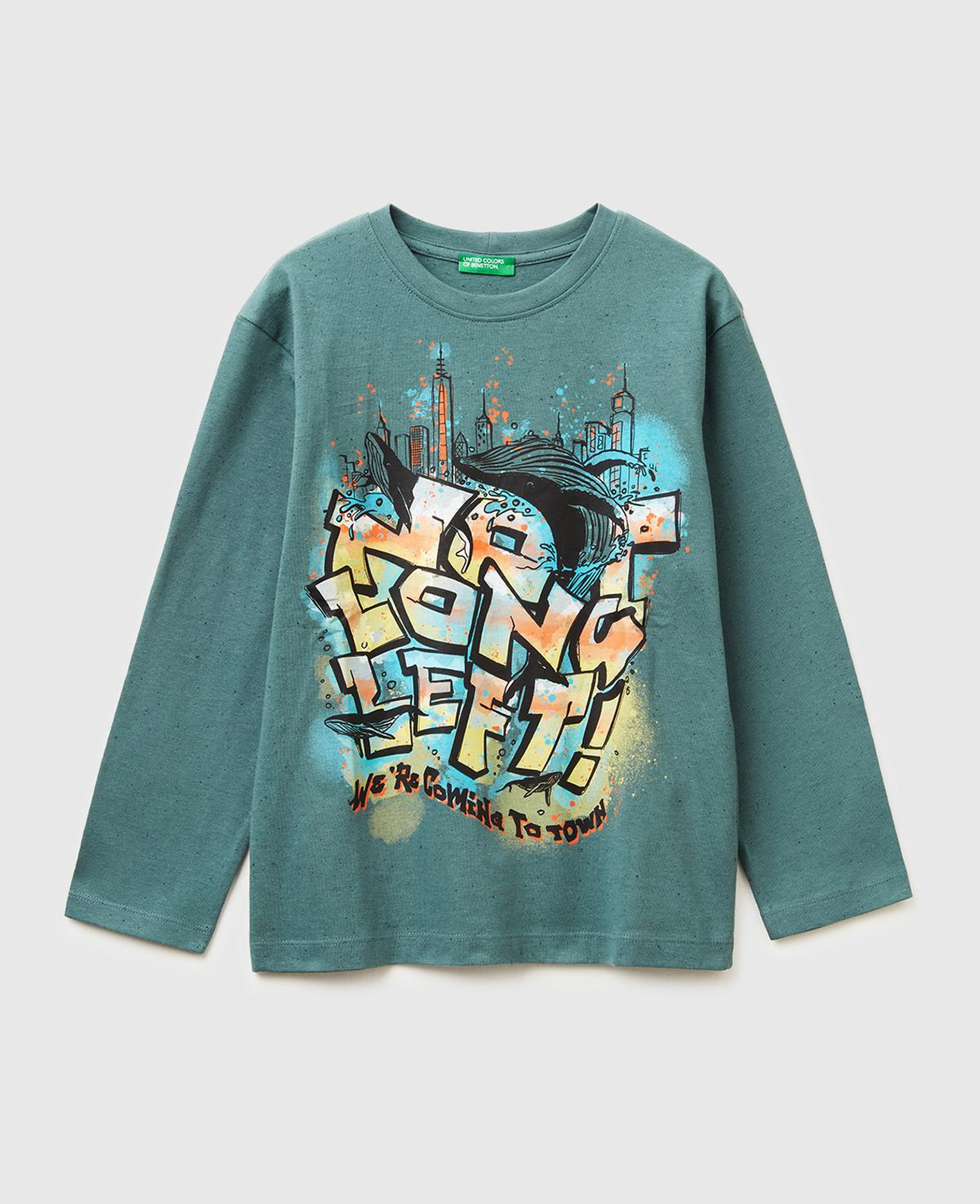 Erkek Çocuk Koyu Yeşil Önü ve Arkası Baskılı Uzun Kollu T-shirt