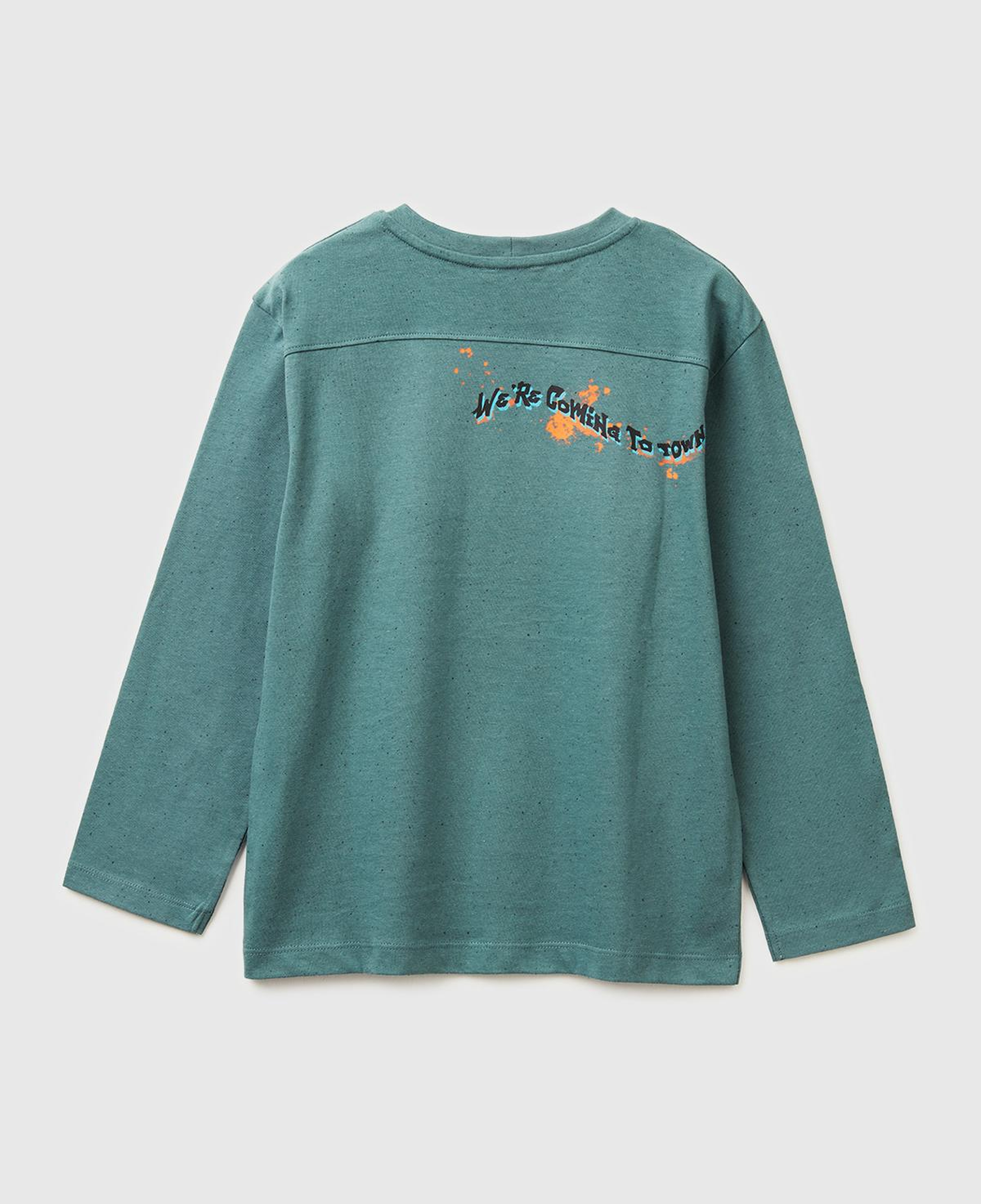 Erkek Çocuk Koyu Yeşil Önü ve Arkası Baskılı Uzun Kollu T-shirt
