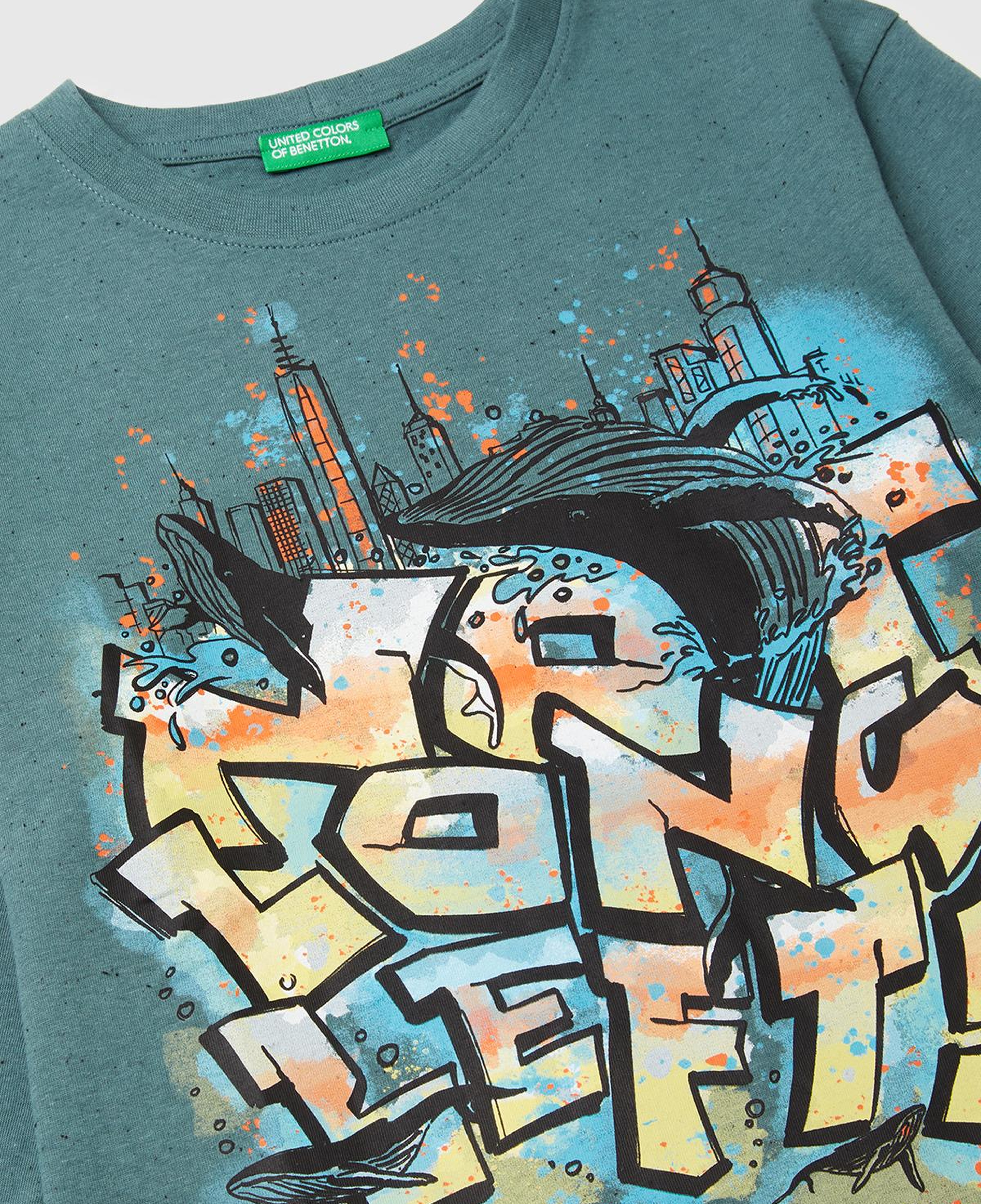 Erkek Çocuk Koyu Yeşil Önü ve Arkası Baskılı Uzun Kollu T-shirt