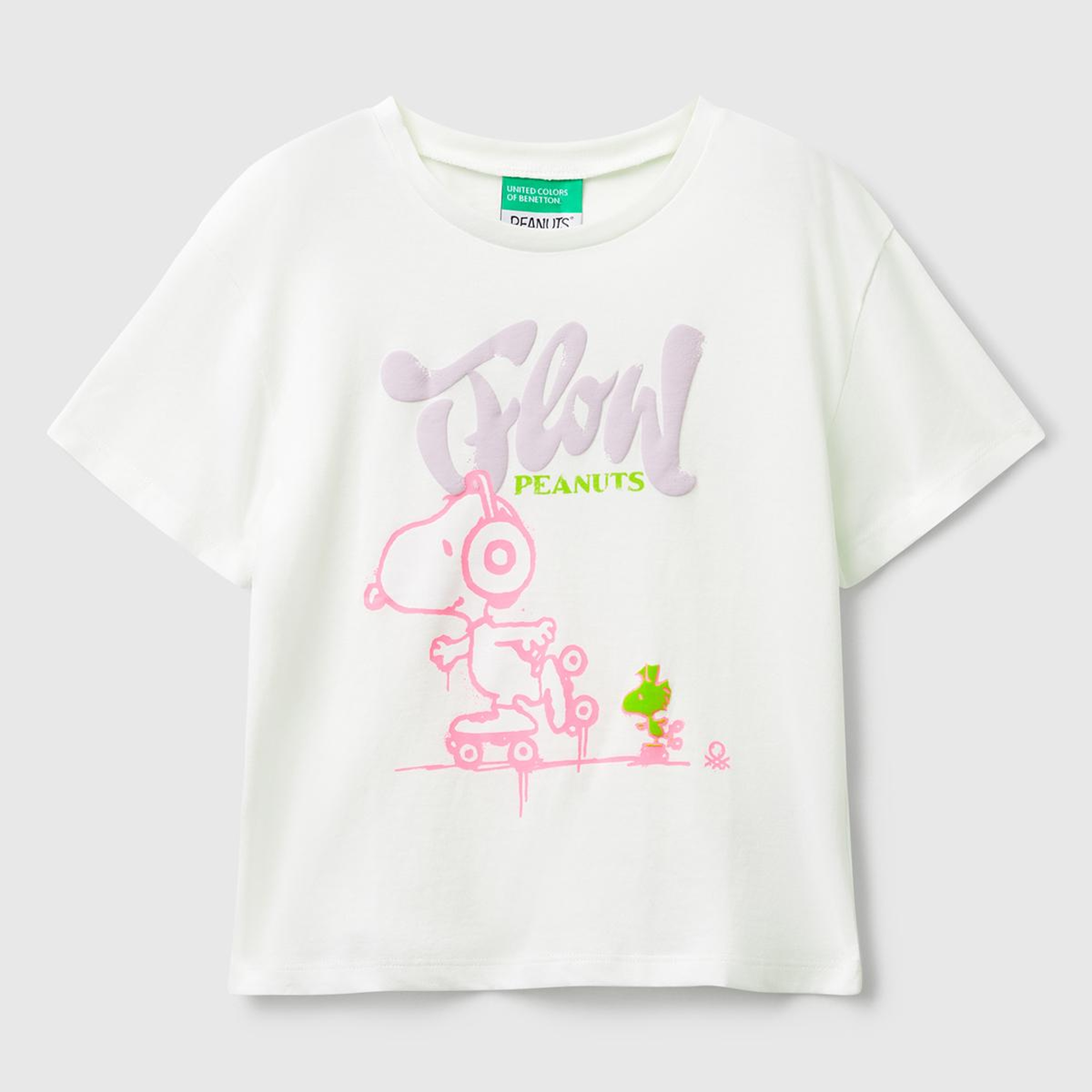 Kız Çocuk Ekru Önü Baskılı Logo Detaylı Ribana Yakalı T-shirt