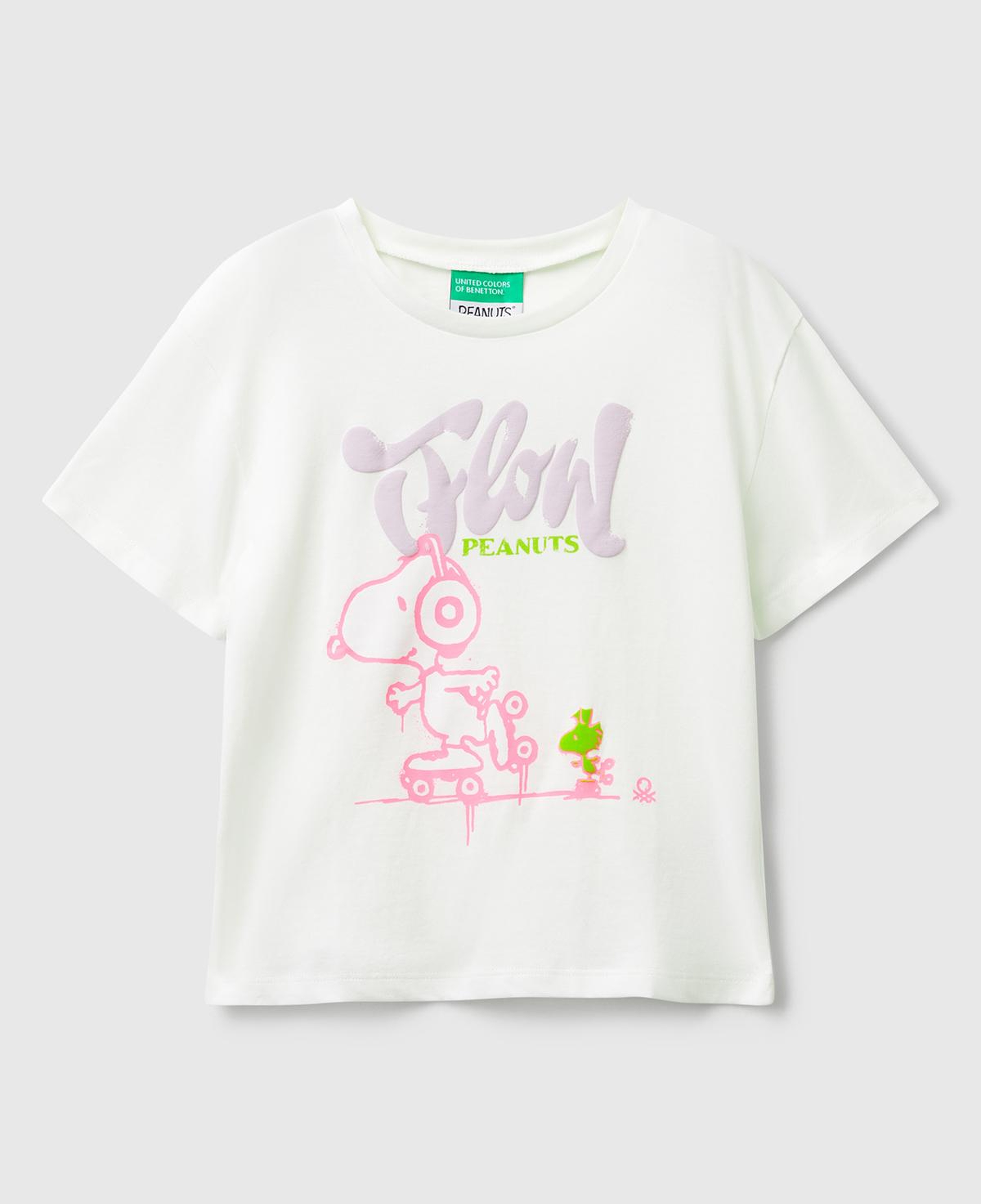Kız Çocuk Ekru Önü Baskılı Logo Detaylı Ribana Yakalı T-shirt