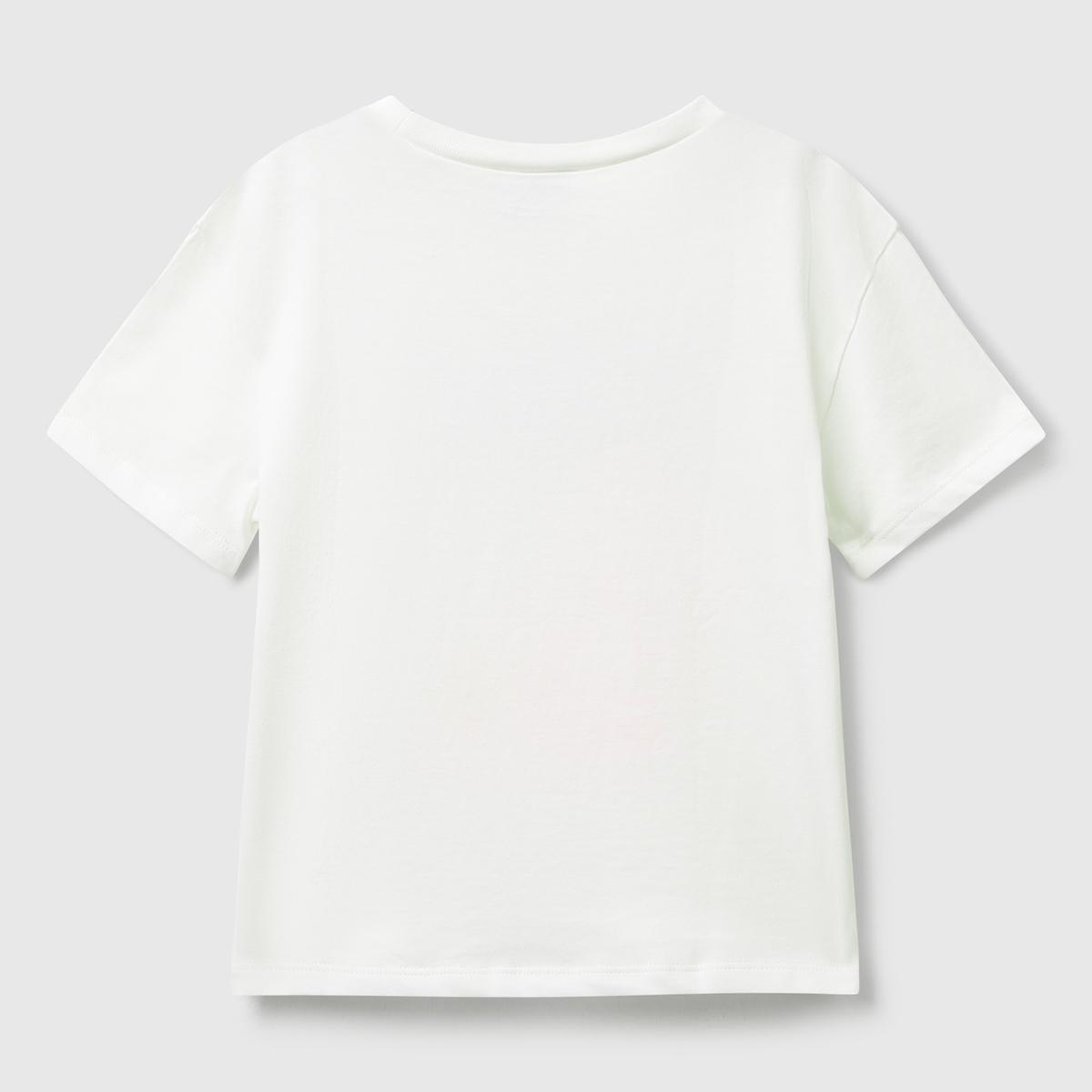 Kız Çocuk Ekru Önü Baskılı Logo Detaylı Ribana Yakalı T-shirt