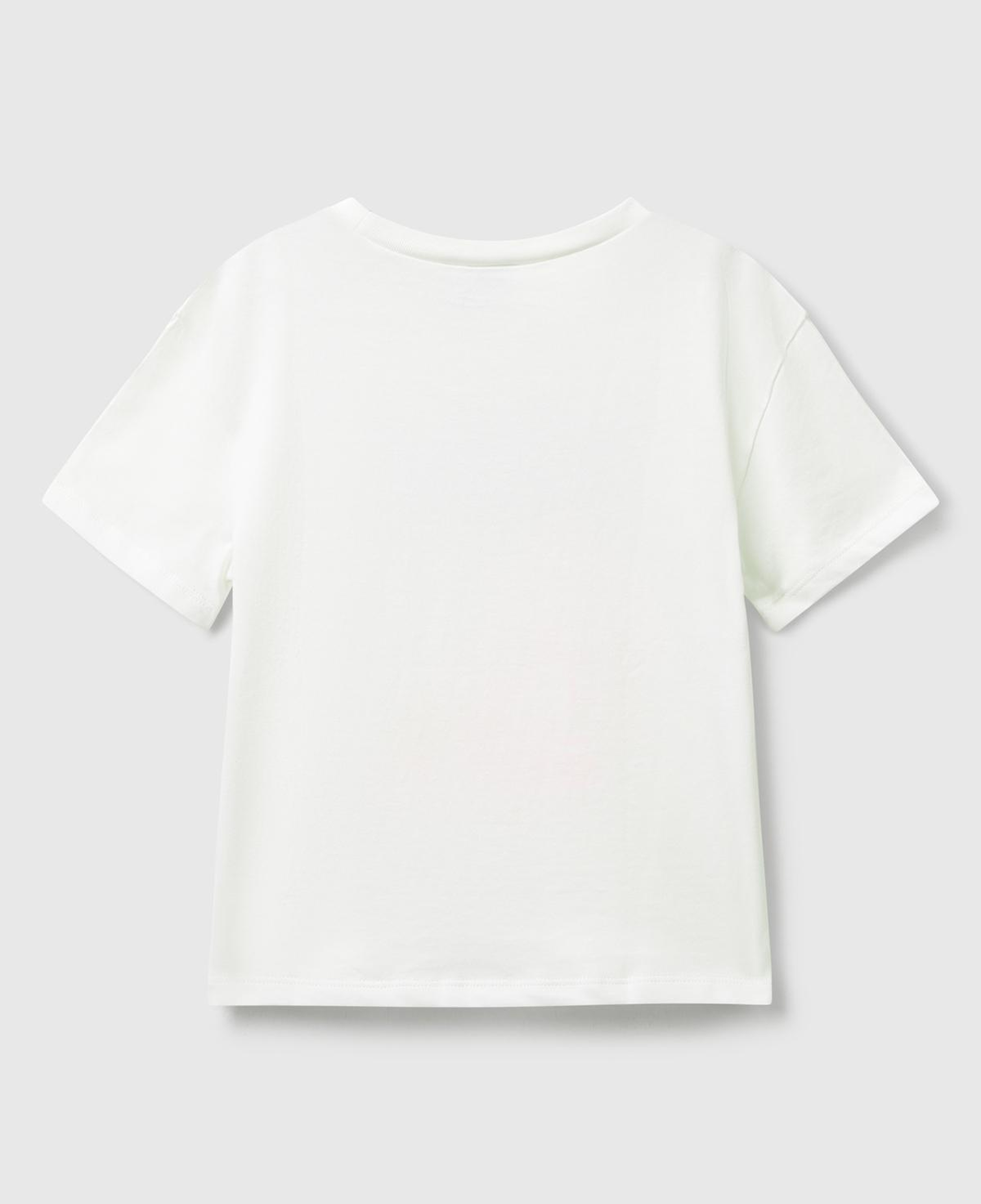 Kız Çocuk Ekru Önü Baskılı Logo Detaylı Ribana Yakalı T-shirt