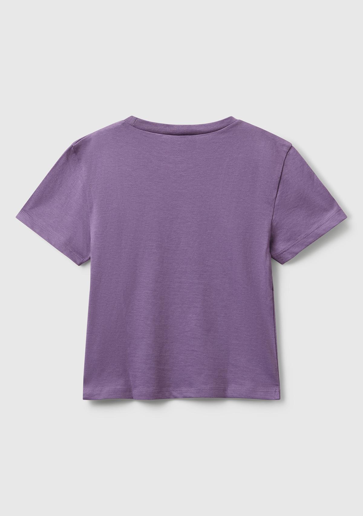 Kız Çocuk Mor Önü Baskılı Logo Detaylı Ribana Yakalı T-shirt