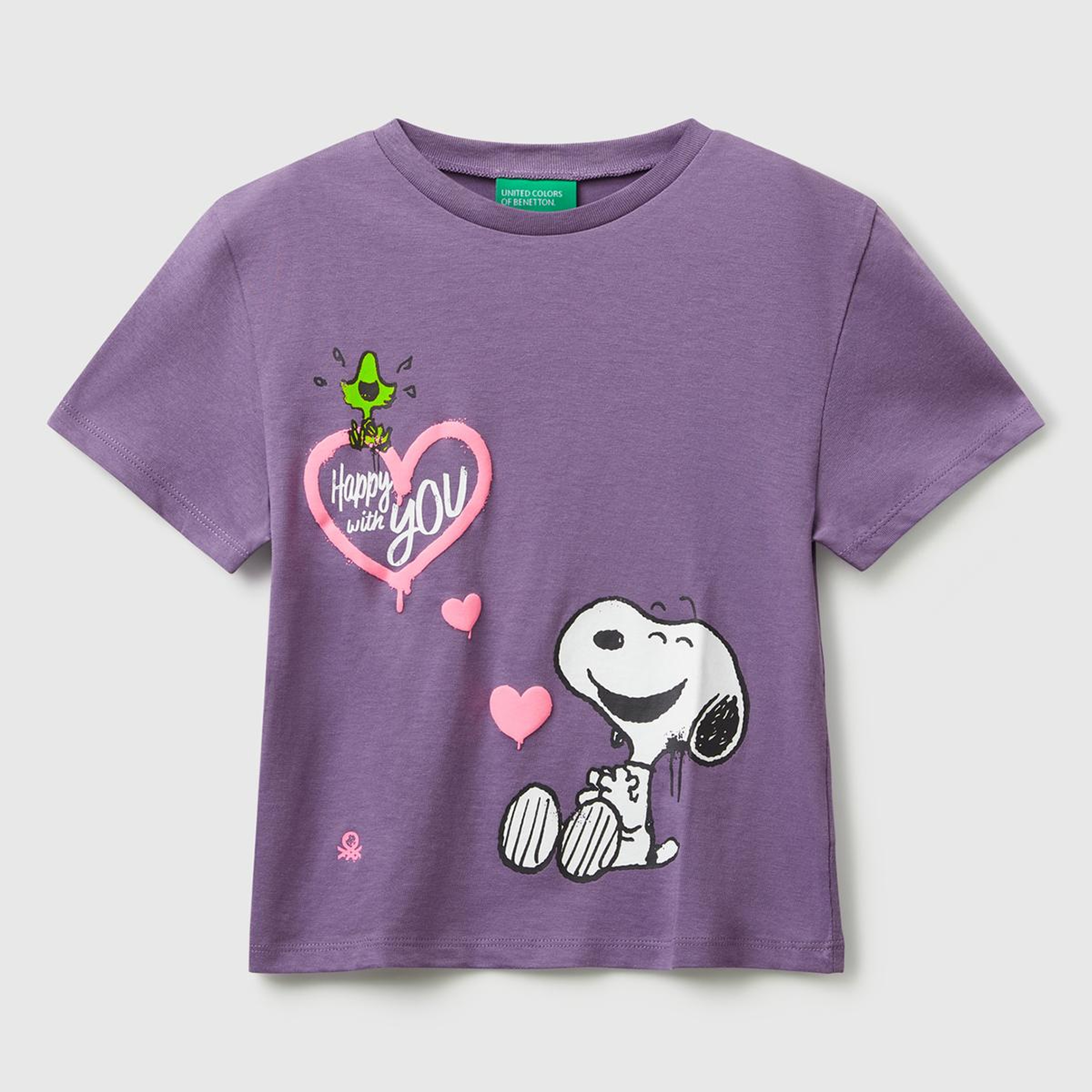 Kız Çocuk Mor Önü Baskılı Logo Detaylı Ribana Yakalı T-shirt