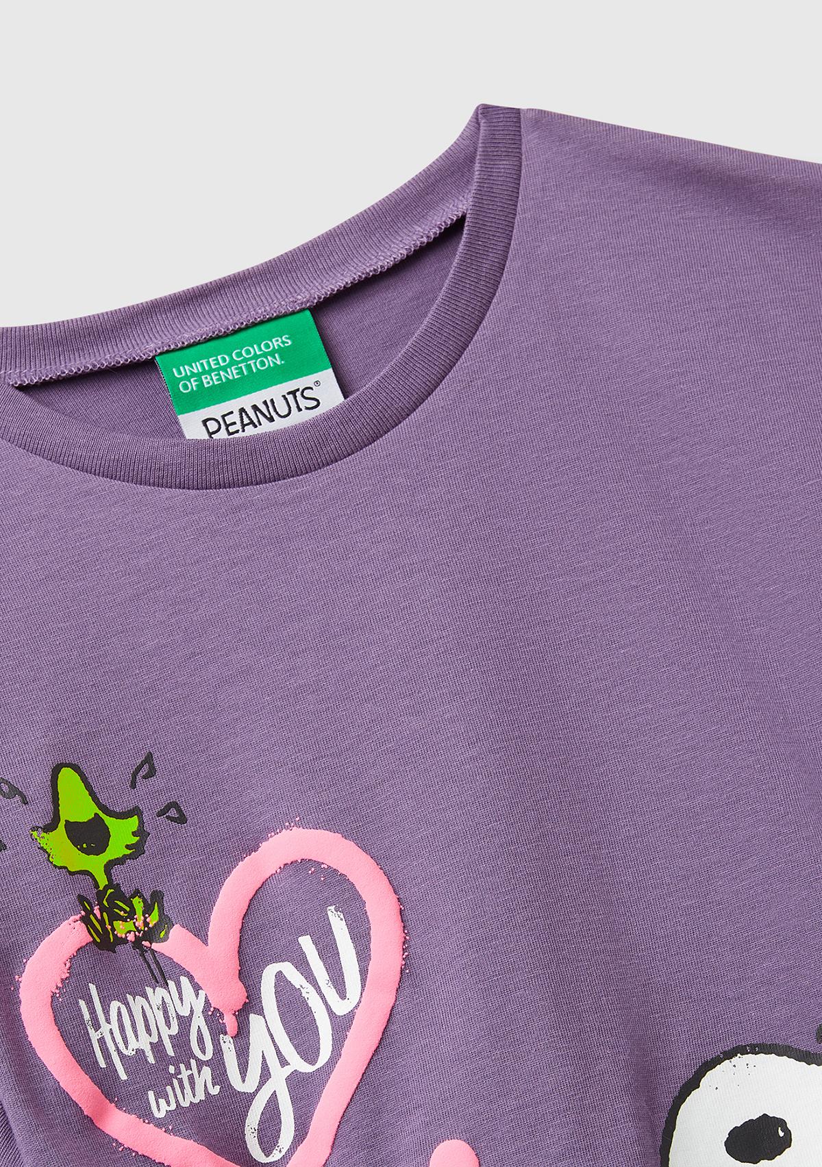 Kız Çocuk Mor Önü Baskılı Logo Detaylı Ribana Yakalı T-shirt