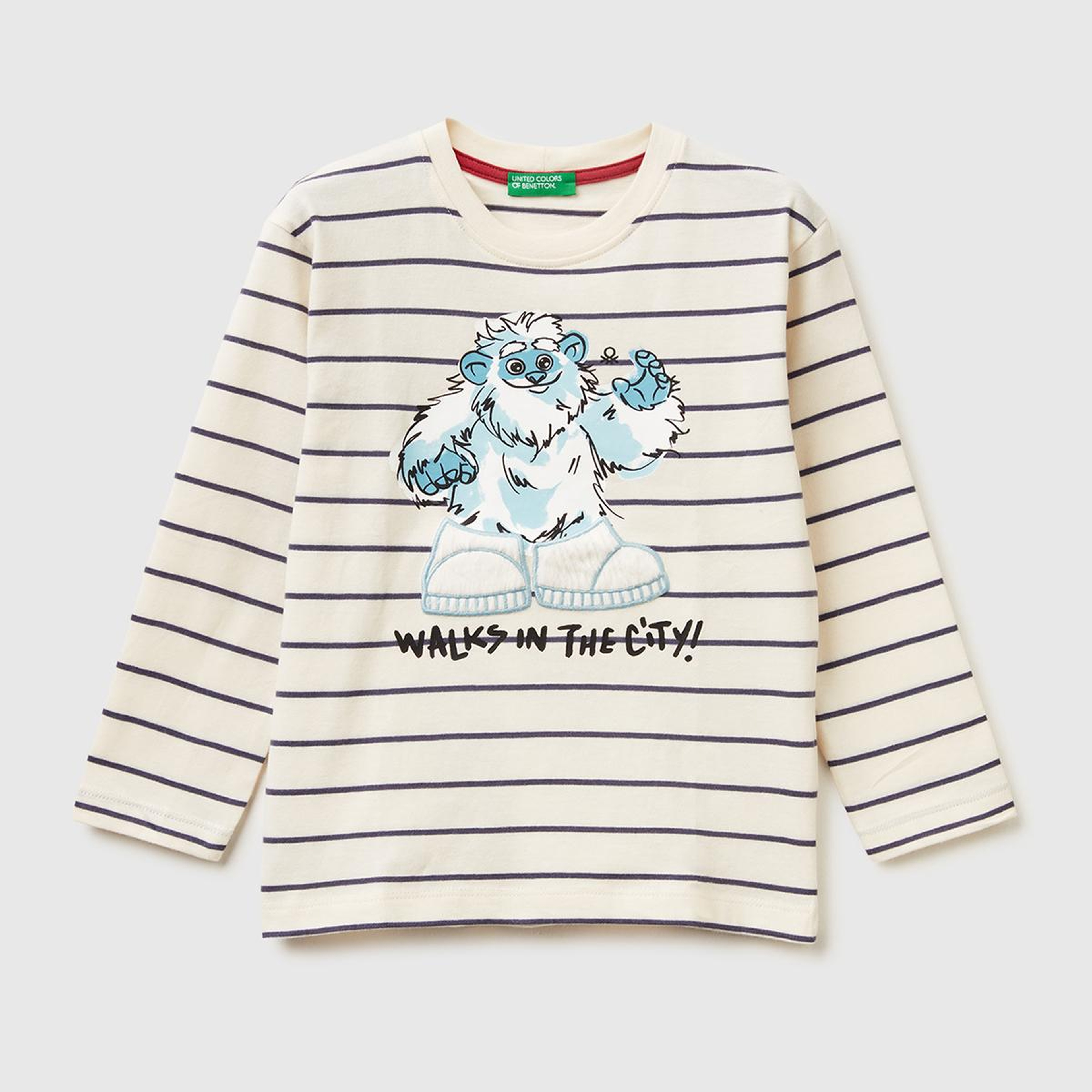Erkek Çocuk Bej Çizgili Önü Baskılı Uzun Kollu T-shirt