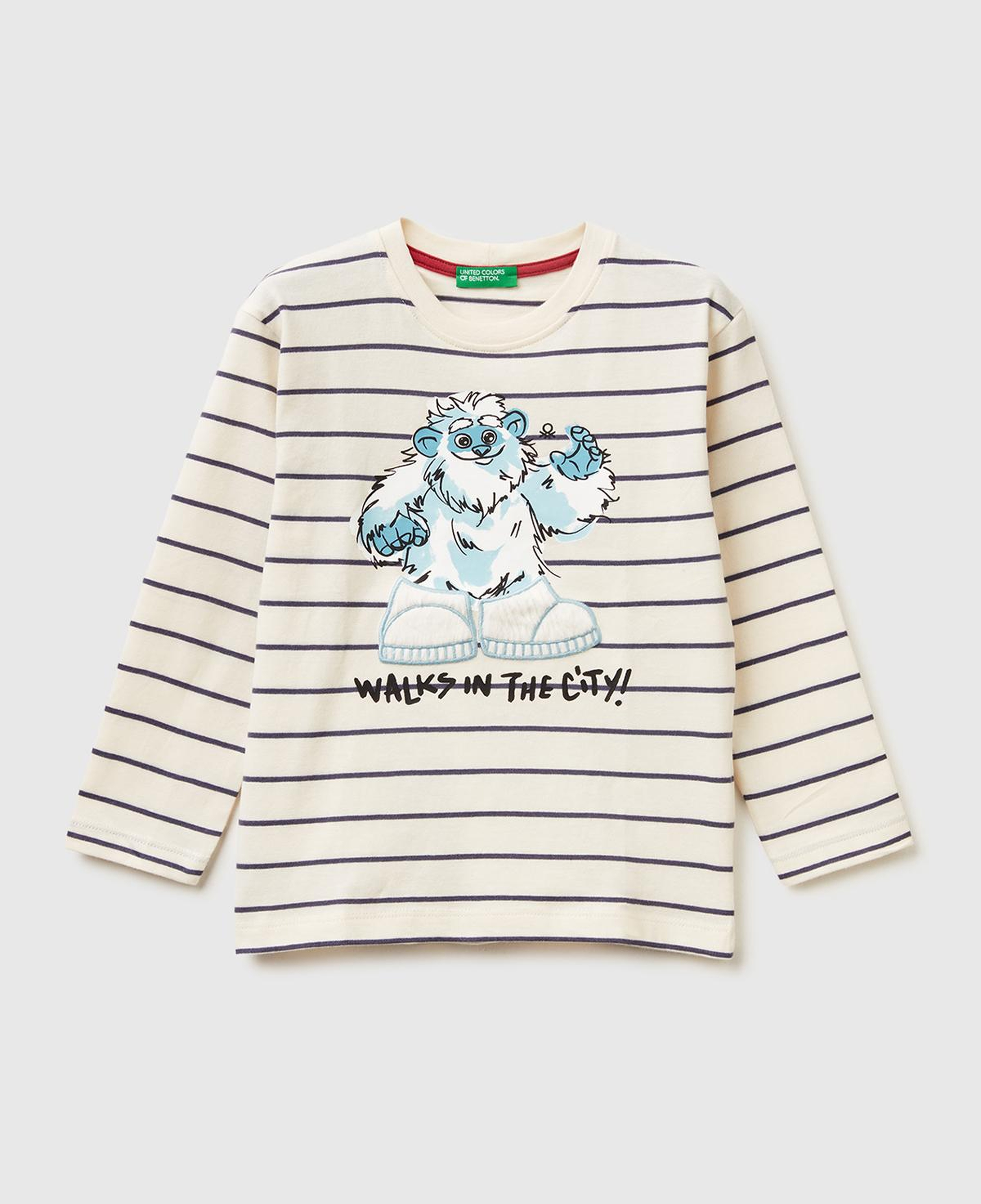 Erkek Çocuk Bej Çizgili Önü Baskılı Uzun Kollu T-shirt