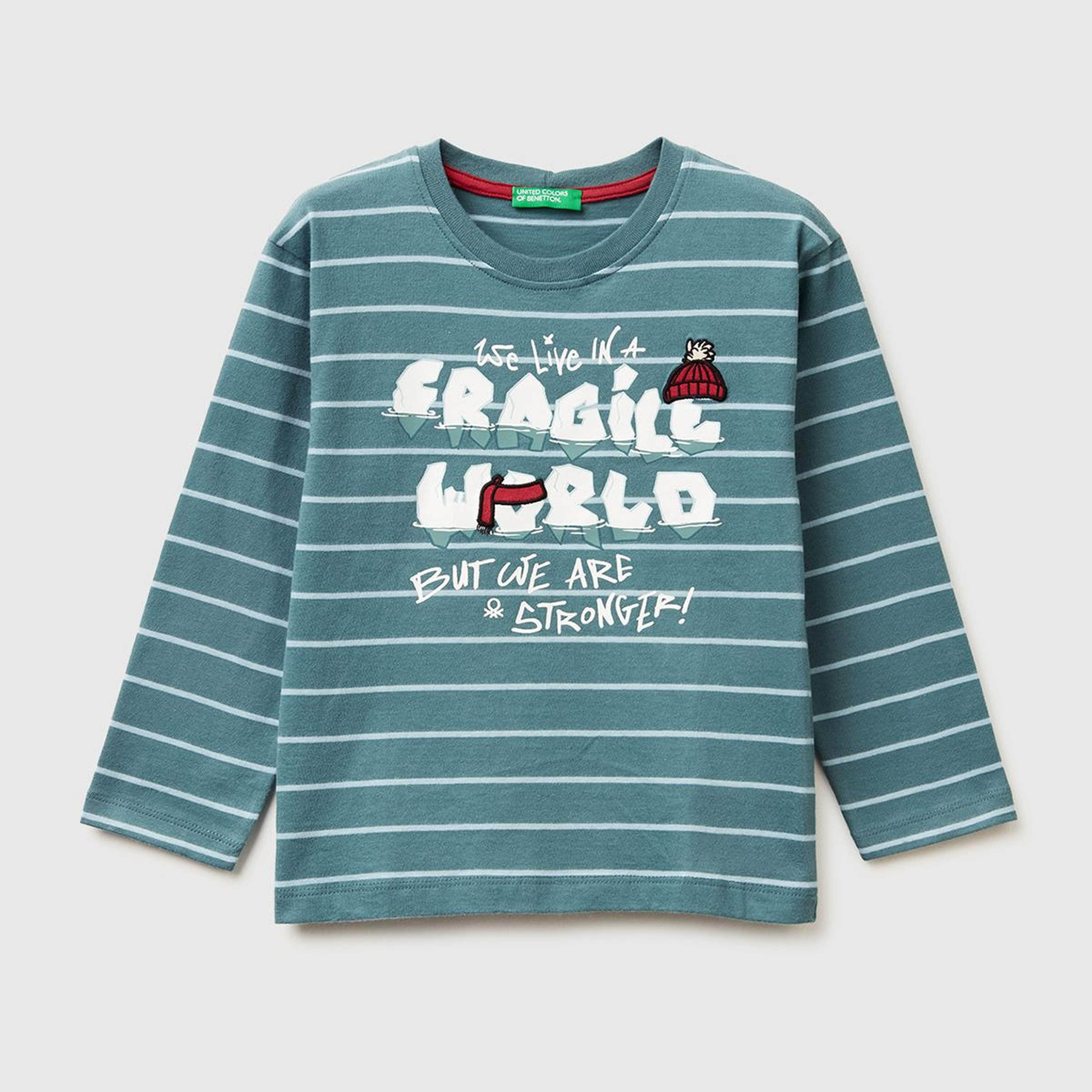Erkek Çocuk Gri Çizgili Önü Baskılı Uzun Kollu T-shirt