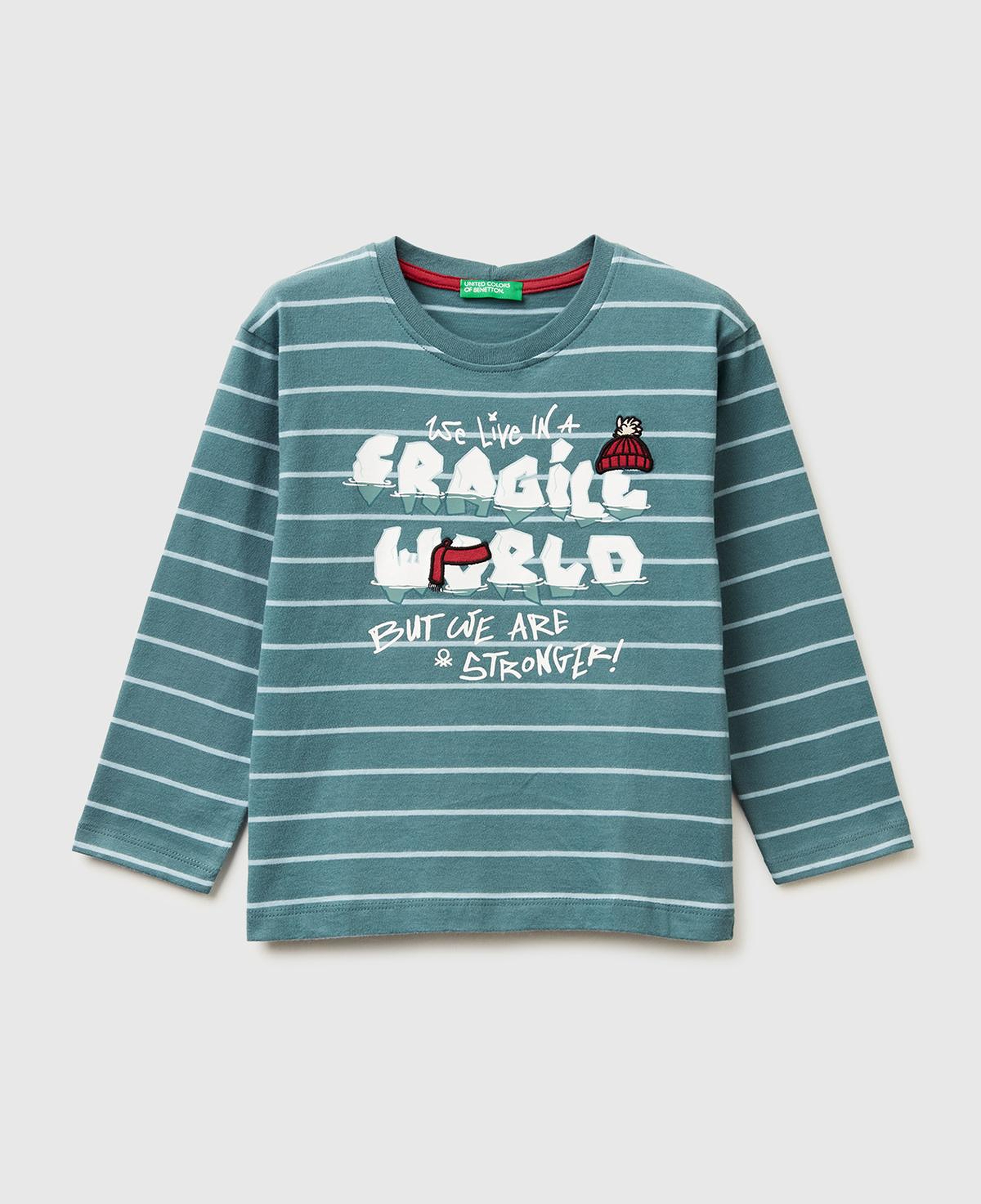 Erkek Çocuk Gri Çizgili Önü Baskılı Uzun Kollu T-shirt