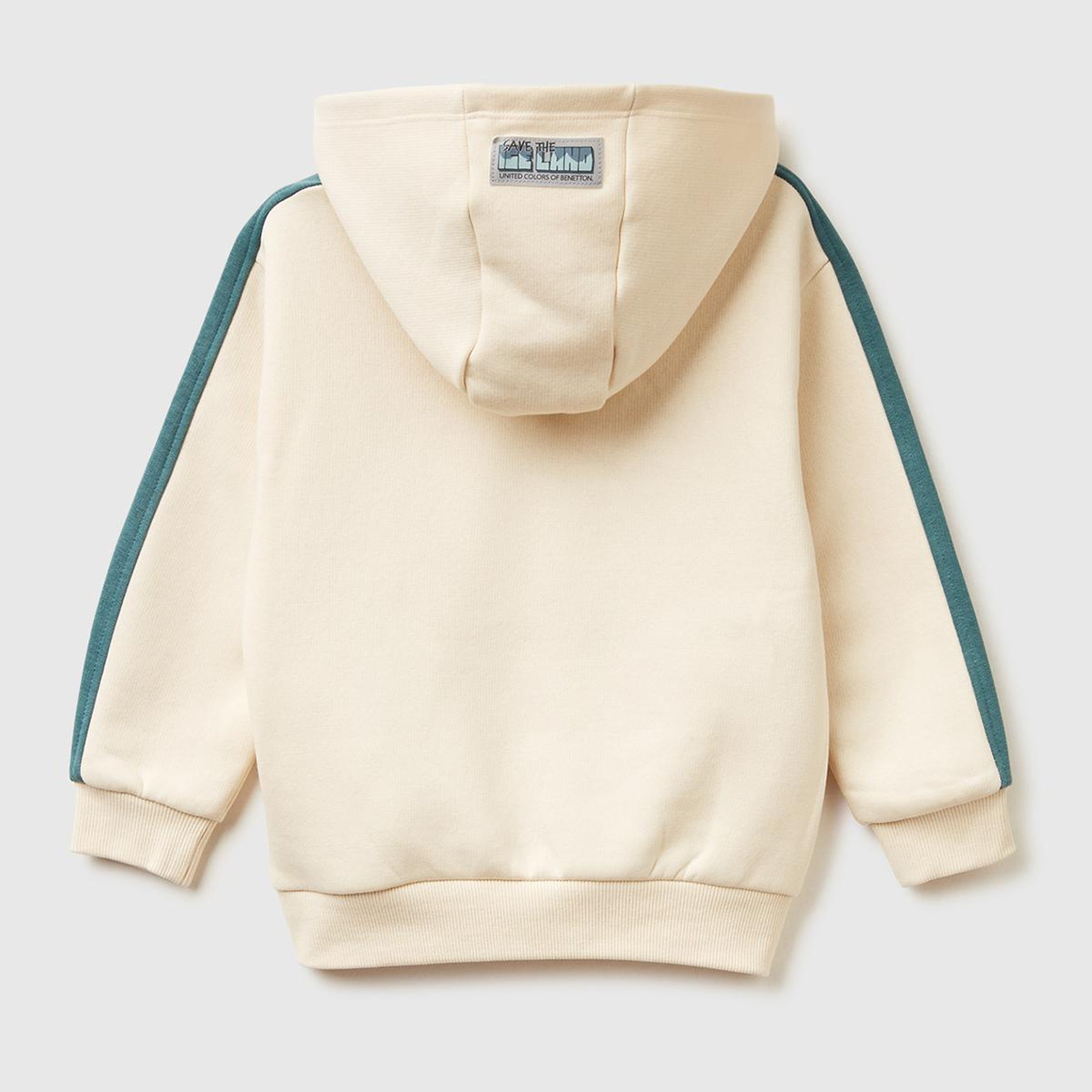 Erkek Çocuk Krem Önü Baskılı Kolları Şeritli Kapüşonlu Şardonlu Sweatshirt