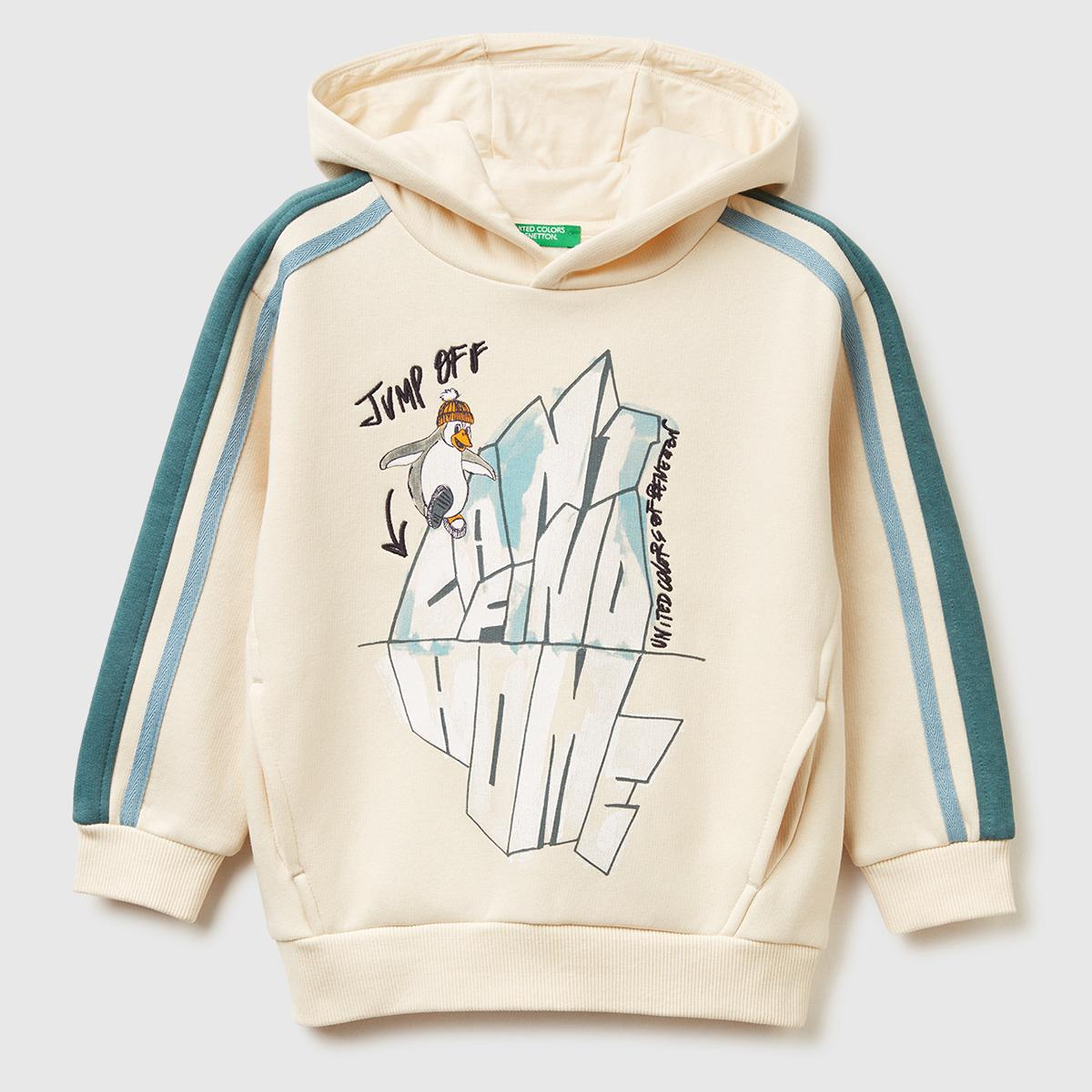 Erkek Çocuk Krem Önü Baskılı Kolları Şeritli Kapüşonlu Şardonlu Sweatshirt